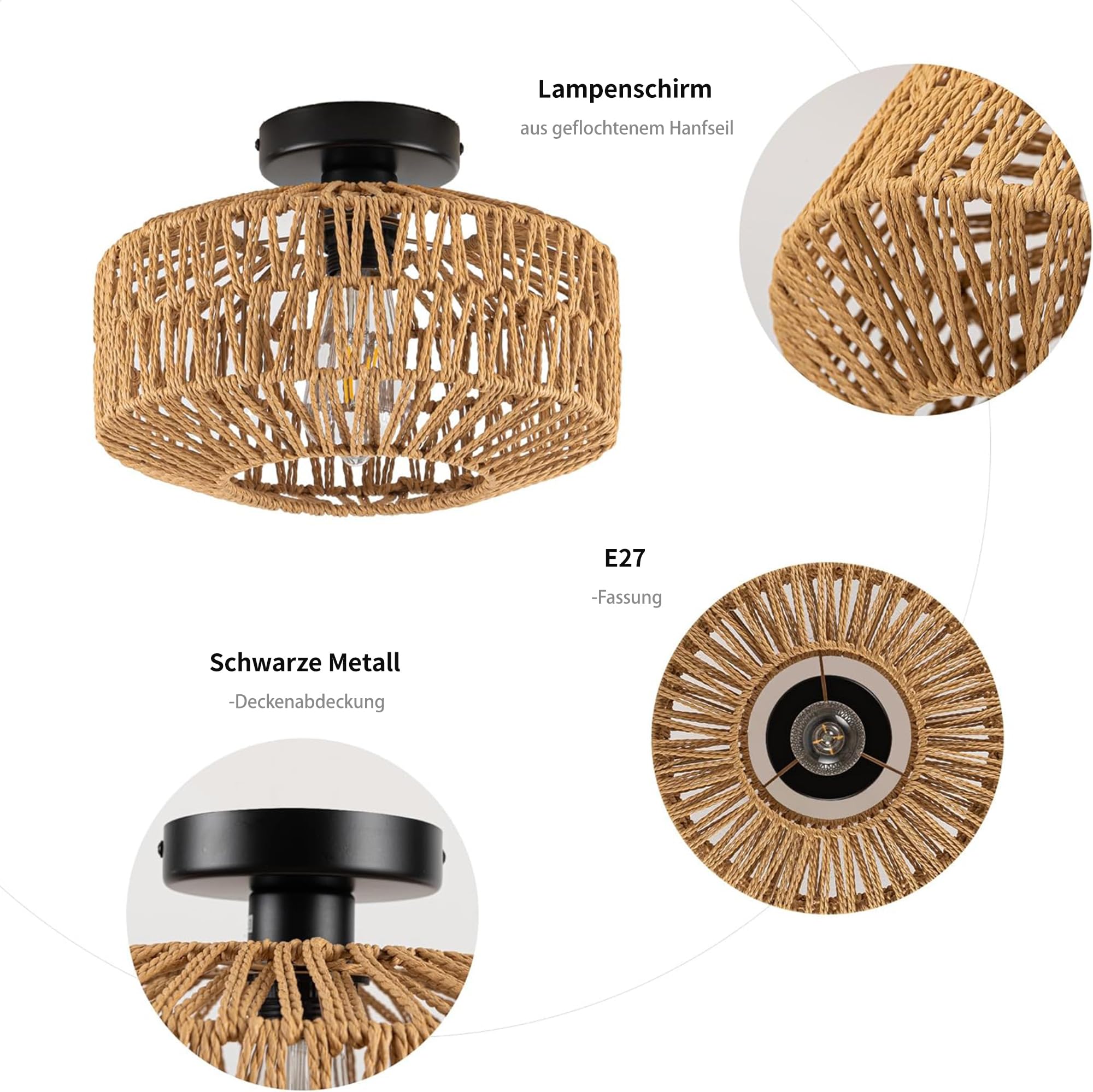Boho Deckenleuchte Laternenform Ø30 cm Rattan Optik Metall, 800 Lumen Warmweiß (2700K), Vintage Deckenlampe für Flur Wohnzimmer Schlafzimmer, E27 Fassung inkl. 8W LED [Energieklasse E]