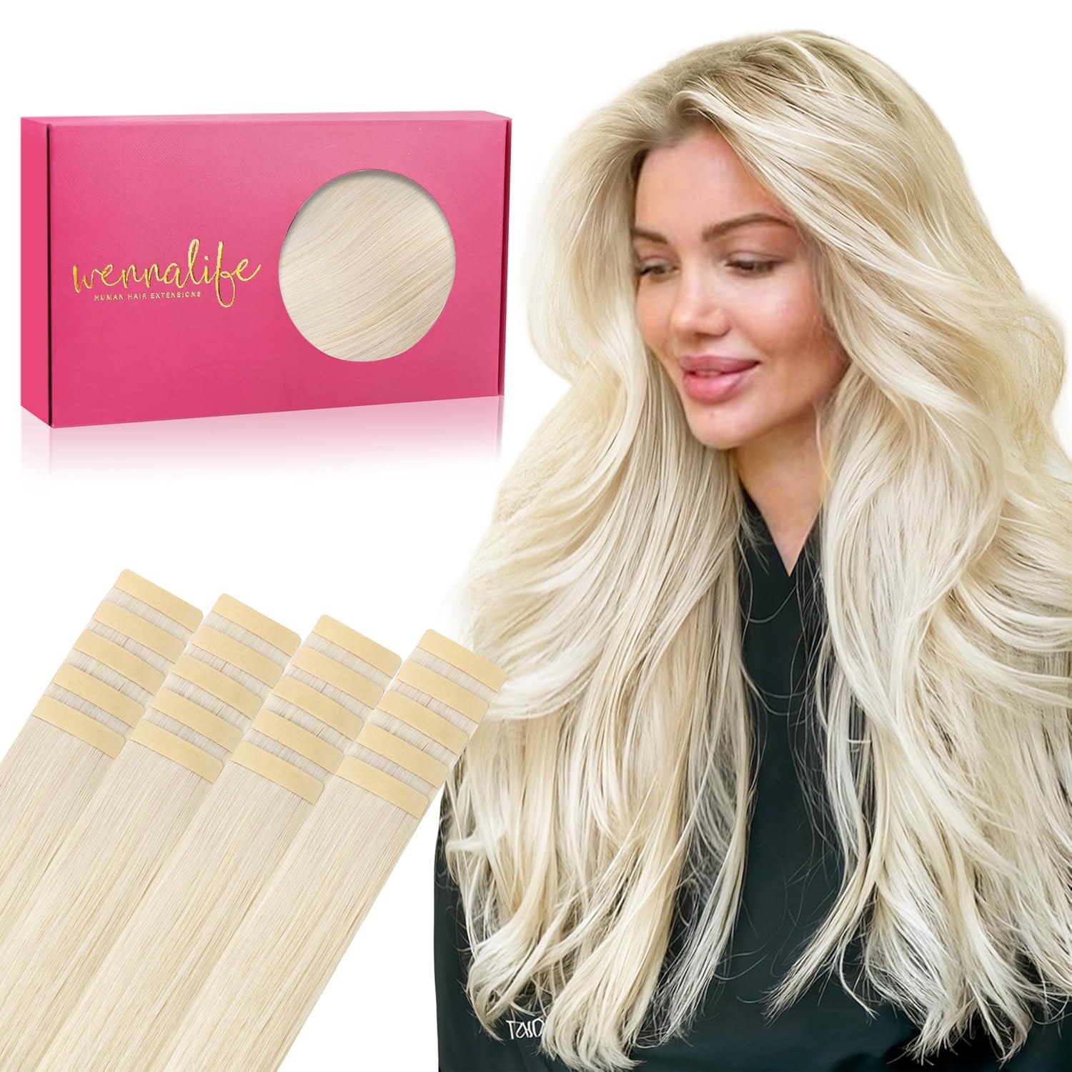 WENNALIFE Tape in Hair Extensions Human Hair, 20pcs 50g 24 inch Platinum Blonde Remy Hair Extensions Straight Human Hair Tape in Extensions Skin Weft Tape Extensions Human Hair