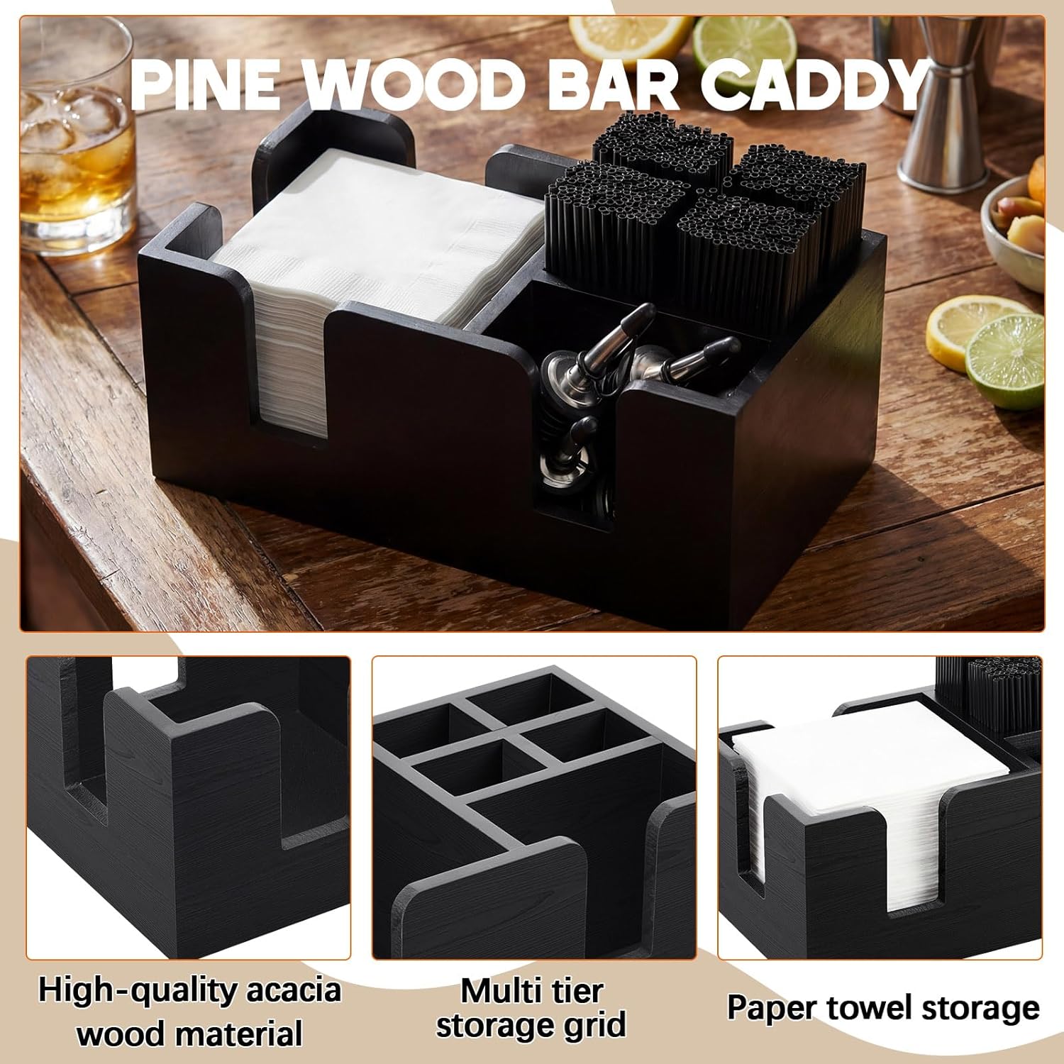 Mifoci Wooden Bar Caddy with 6 Compartments, Pinewood Bar Caddy Napkin & Straw Holder Organizer Cocktail Napkin Holder Condiments for Home Office Kitchen Countertop (Black,10.6 L x 5.5 W)