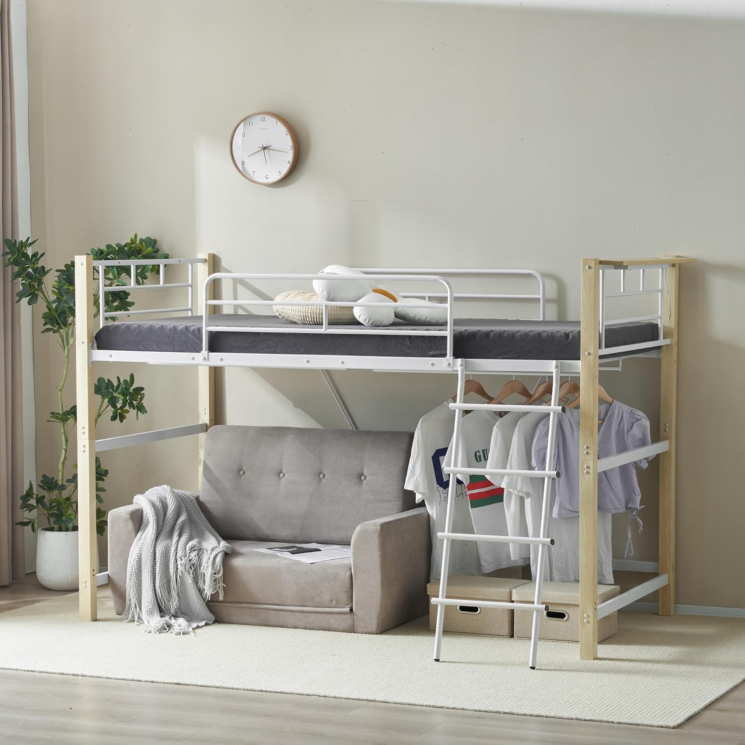 ロフトベッド パイプベッド シングル デスク付き 収納棚 ハシゴ付 左右