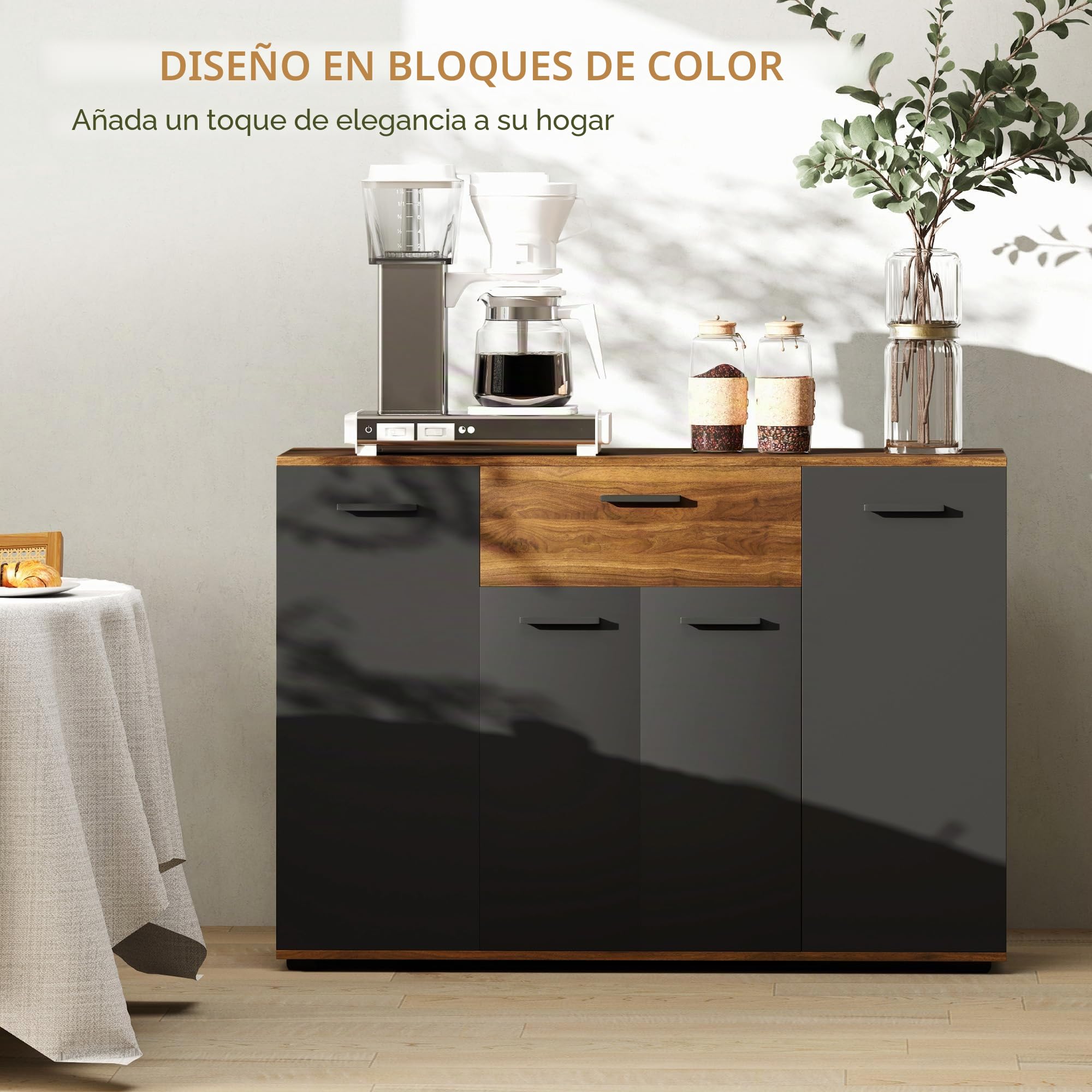 HOMCOM Aparador de Almacenamiento 120x35x85cm Marrón y Negro | 4 armarios, cajones, estantes ajustables, mueble de comedor