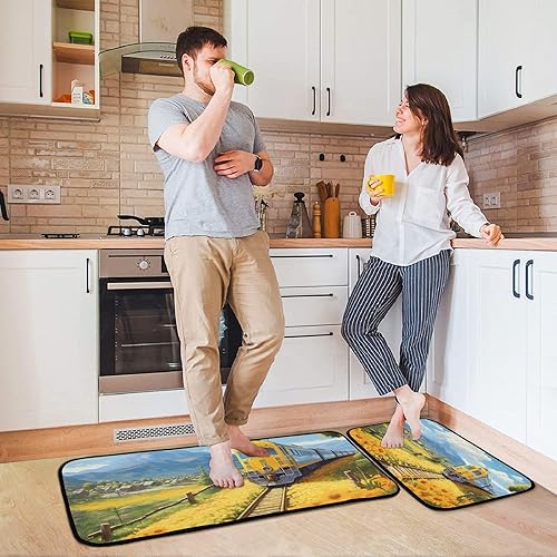 Miniatura 4 de Spring Field Train Kitchen Mat 2 Pcs Set, Low Pile Kitchen Rugs Cushioned Water Absorbent Washable Floor Mats for Kitchen Sink Laundry Room