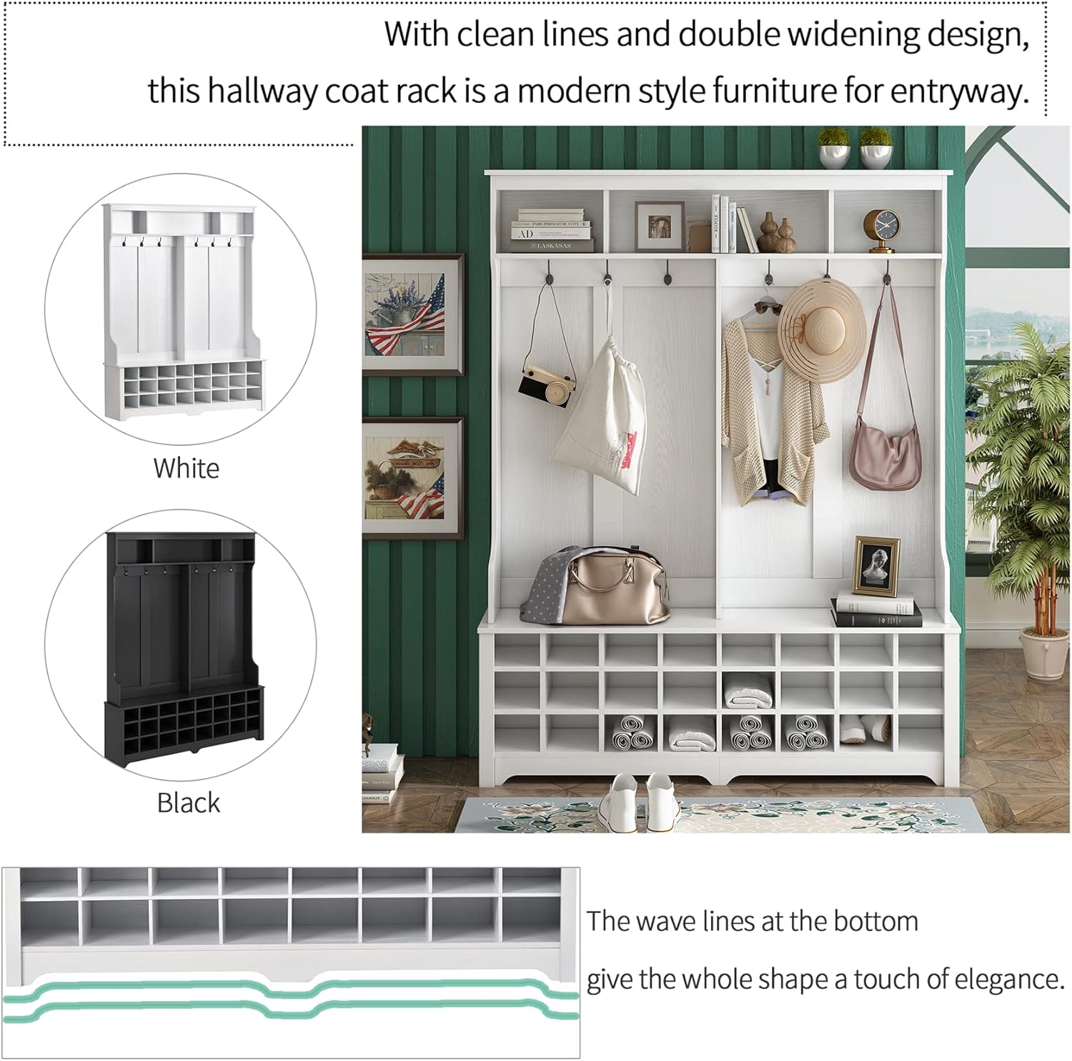 Wide Hall Tree with Bench, 24 Shoe Cubbies, Coat Rack, Open Shelves, Modern Mudroom Bench with Storage and 6 Metal Hooks for Entryway, Hallways