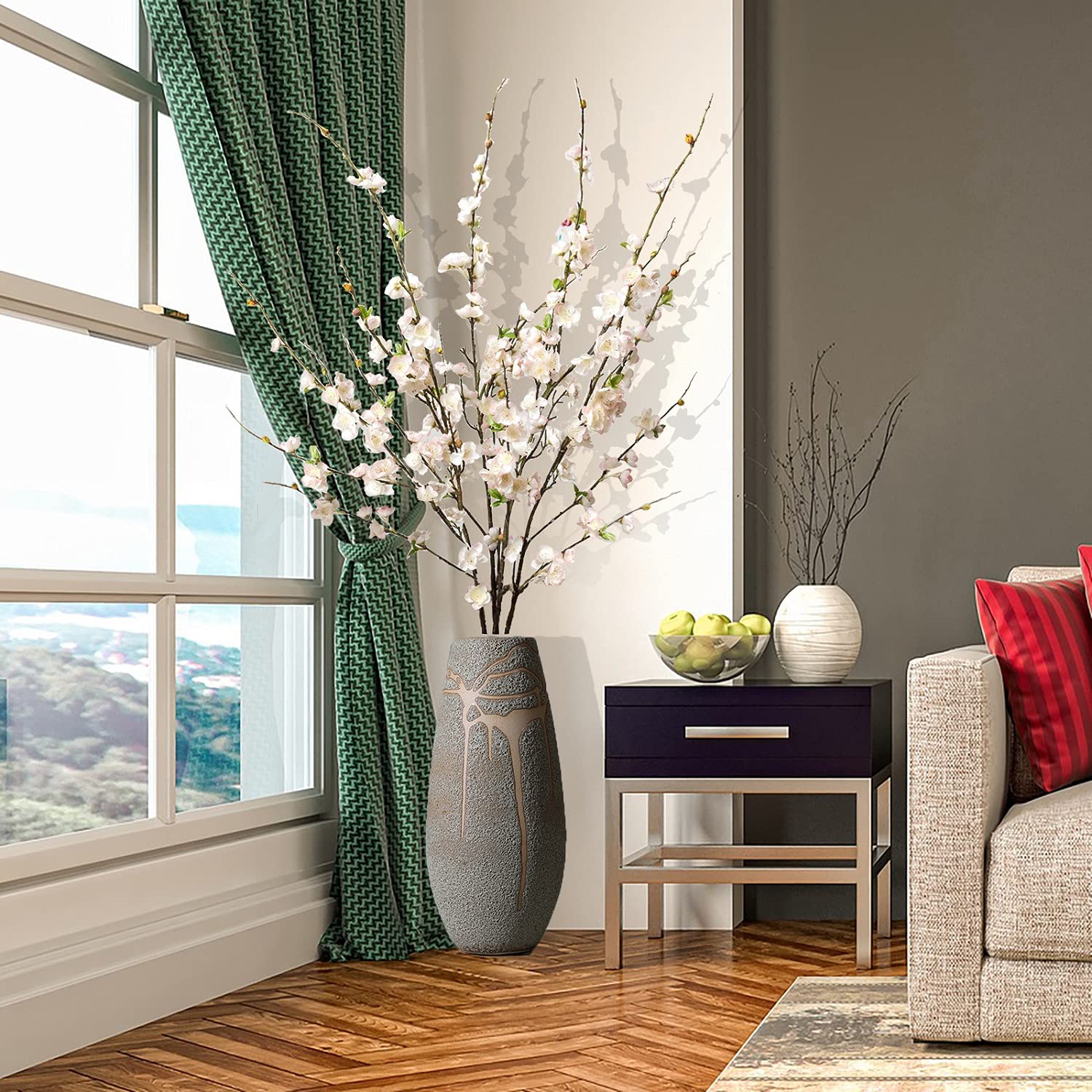 florisso Boutique Plum Blossom Artificial Flowers Table Party Decorations Faux Pink Cherry Tree Stems Orchid Jasmine Tall Vase Arrangement for Wedding Home, 4 PCS