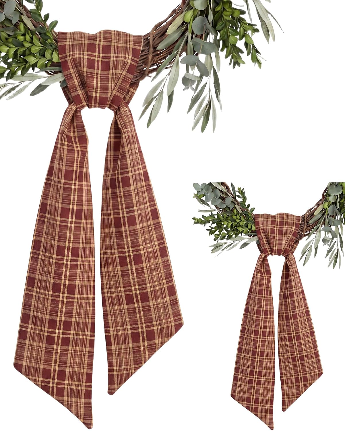 Burgundy and Gold Plaid Wreath Sash 2 Pack for Front Door, 5 by 54 Inch Matching Set for Fall Thanksgiving Christmas Autumn Farmhouse Decorations