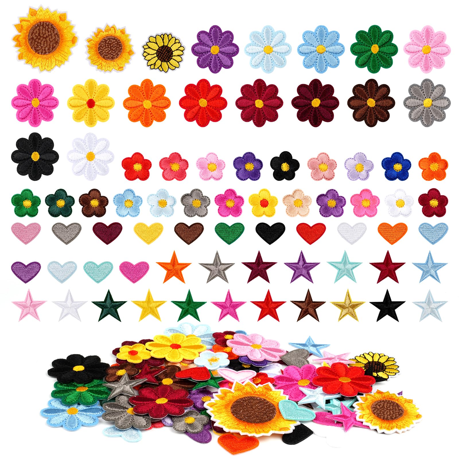 30 Stück Bügelbilder Set - Blumen, Herzen & Sterne Patches