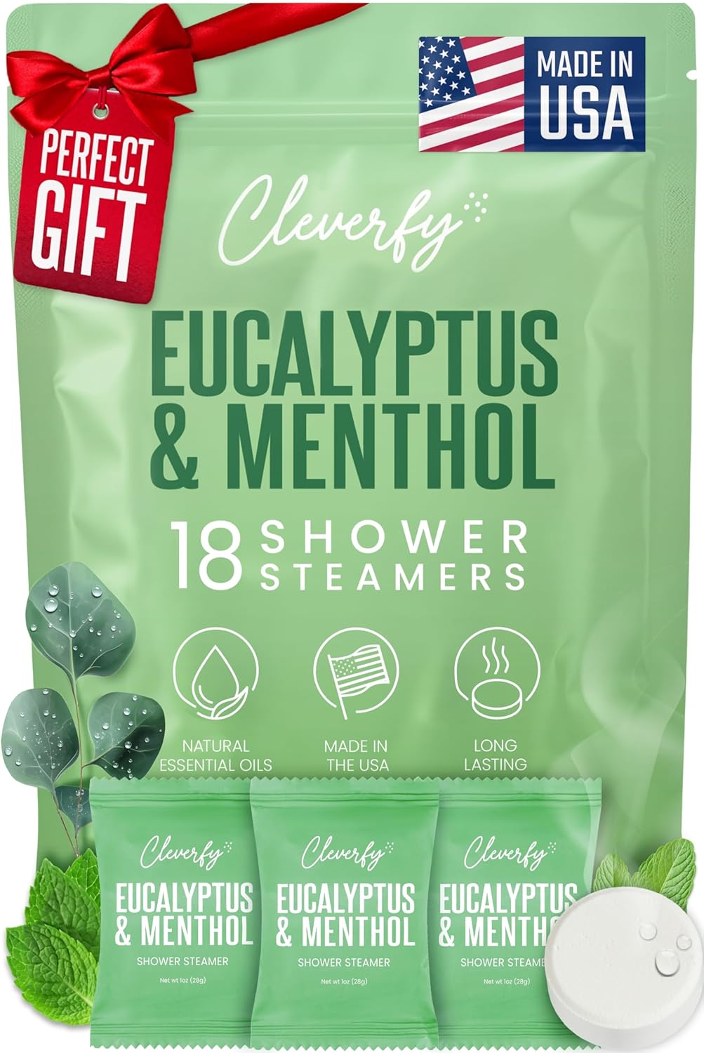 Cleverfy Eucalyptus Shower Steamers Aromatherapy for Women and Men - Self-Care Shower Bombs for Stress Relief and Relaxation - 18 Tablets