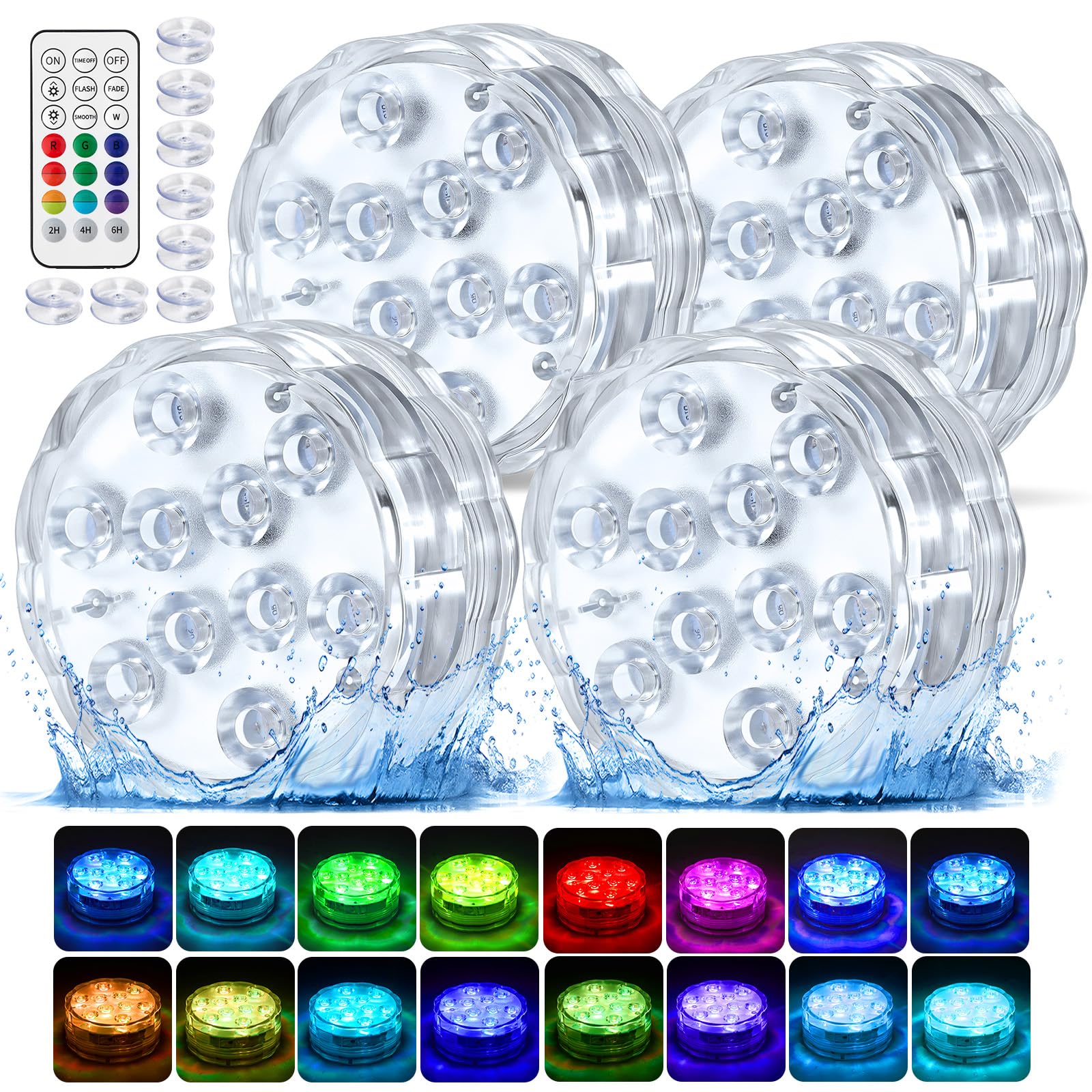 Photo 1 of BITIWEND 2026 Upgraded Submersible LED Pool Lights with Remote, 10 LEDs IP68 Waterproof Floating Lights Battery Powered Lights for Hot Tub, Spa, Vase, Pond, Decoration, Party (4 Pack)