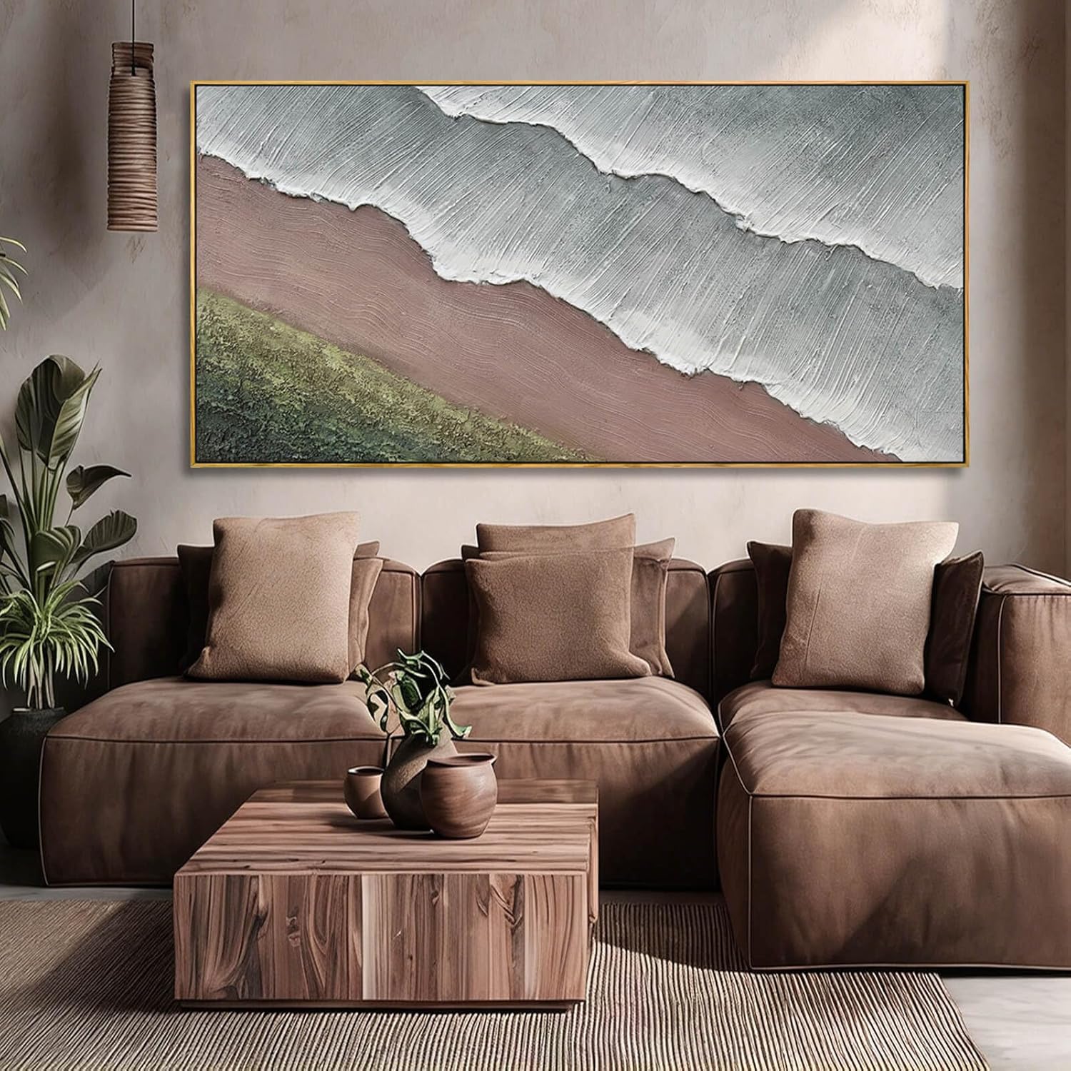 Blue and Brown Coastal Seascape Wall Picture 29x58 Inch, Large Framed Canvas Artwork with Wooden Frame, Modern Ocean Wave Home Decoration for Bedroom Dining Room or Hallway