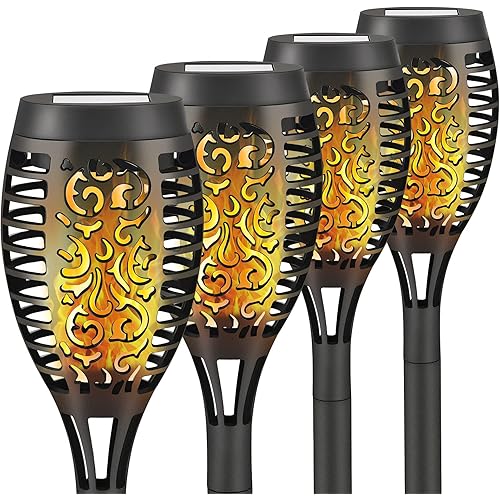 Liveasily Waterproof Outdoor Solar Torch Light with Flickering Flame, Solar Tiki Torches Landscape Decoration, Solar Pathway Lights for Garden Patio Driveway, 4 Count (Pack of 1)