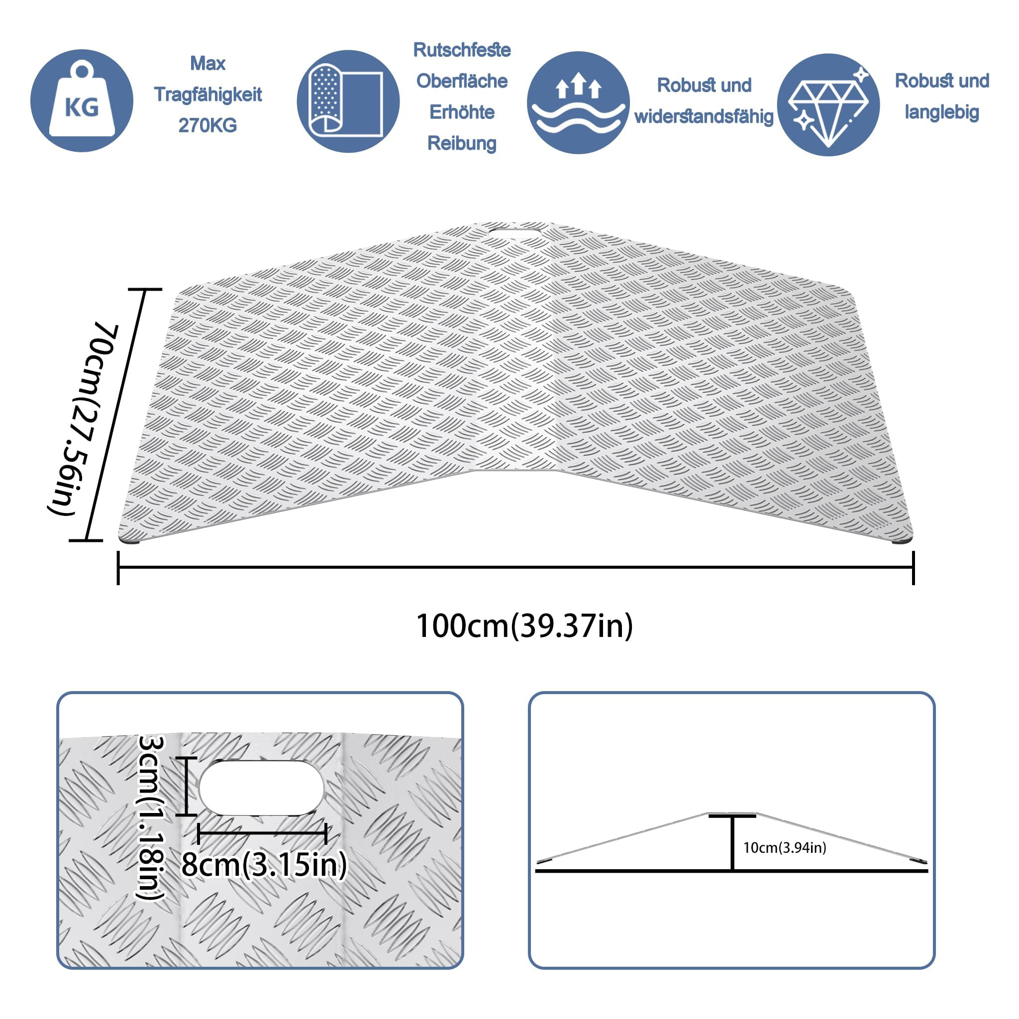 ACXIN Rampe de seuil de porte - Rampe pour fauteuil roulant - En aluminium - Antidérapante - Avec poignées - Charge maximale : 270 kg - 100 x 70 x 10 cm