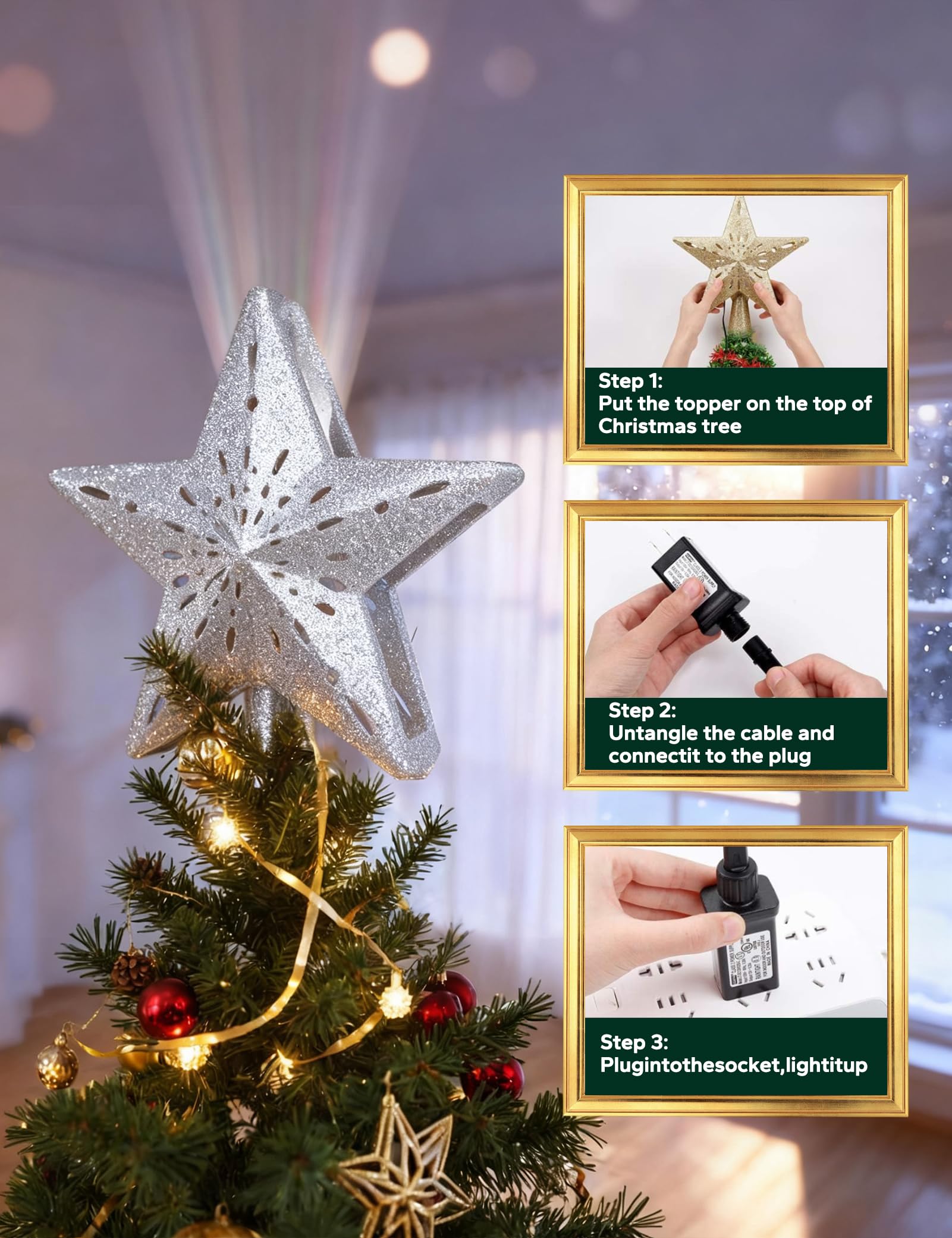 DG-Direct Cimier de sapin de Noël lumineux avec 6 motifs projetés, étoile 3D creuse étincelante avec projecteur magique rotatif pour décoration de sapin de Noël (argenté)