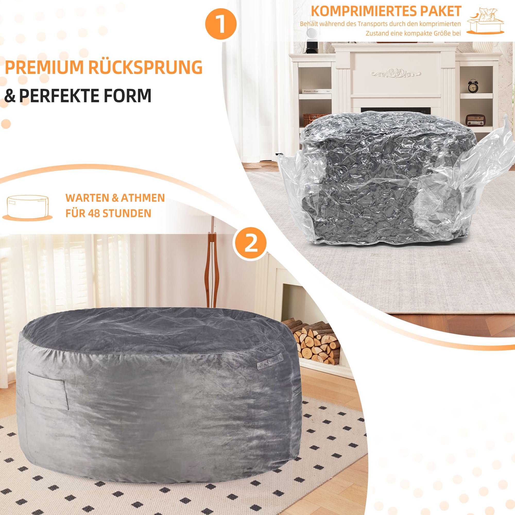 Kasunpul Sitzsack Stuhl Sitzsack Stühle für Erwachsene Riesen Sitzsäcke mit Samtbezug Bean Bag Flauschige Sitzsäcke für Wohnzimmer, Schlafzimmer, Grau, 90 x 90 x 49cm