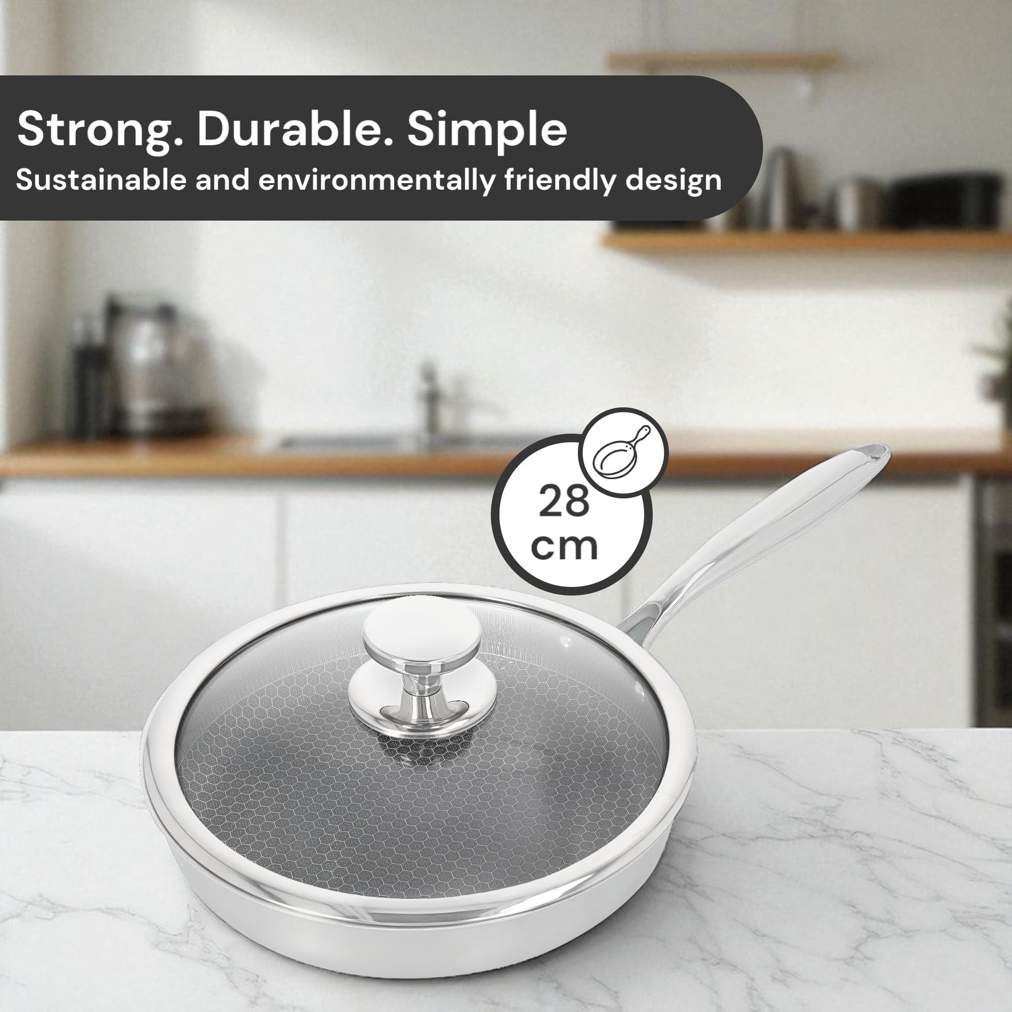 Royal Swiss Casserole en acier inoxydable Triply de 28 cm avec revêtement en nid d'abeille – Convient pour l'induction, antiadhésive et sans PFOA – Couvercle en verre résistant à la chaleur (poêle à