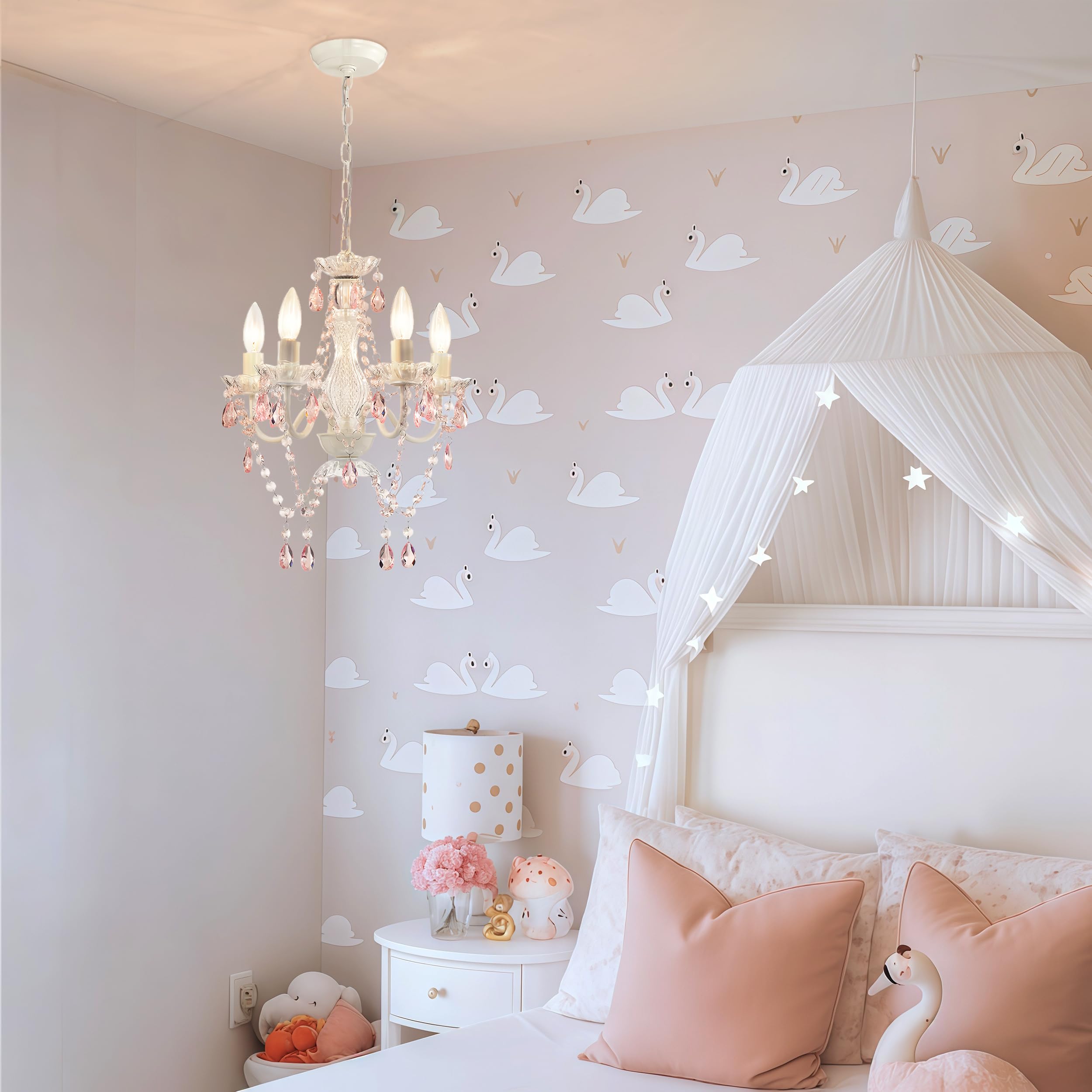 Alighting Kleiner Kronleuchter in Rosa und Weiß – 4-Flammige Pendelleuchte Ø 41 cm, Elegante Deckenlampe für Mädchen Kleine Räume, Schlafzimmer, Kinderzimmer, Flur, E14
