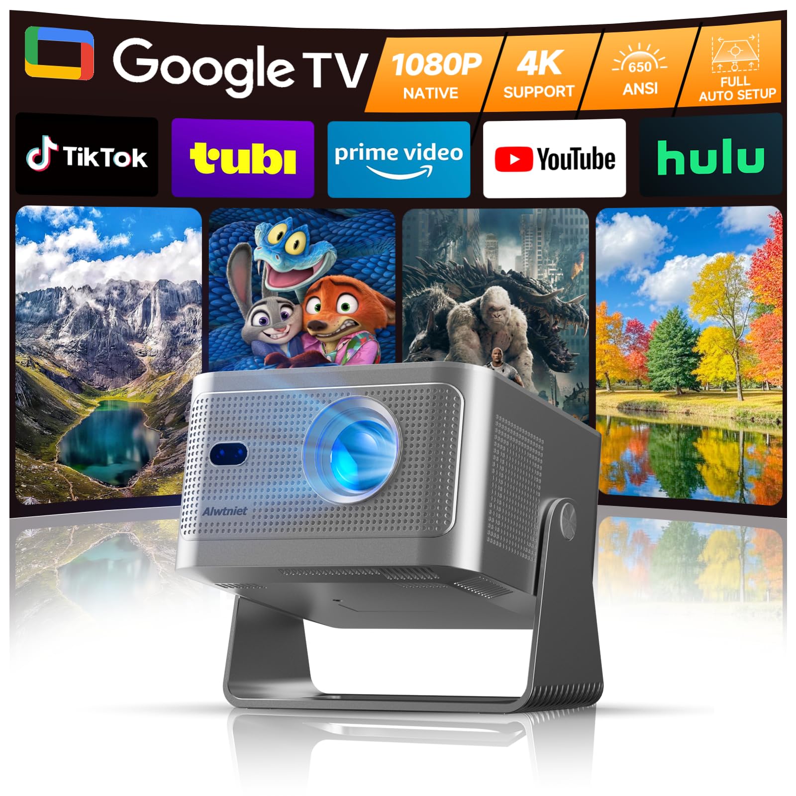 Alwtniet Mini Proiettore Portatile 4K con Google TV, 1080p Nativo, 650 ANSI | Videoproiettore per Smart TV e Telefono App Integrate Autofocus WiFi Bluetooth Auto Keystone 6D Altoparlante 15W