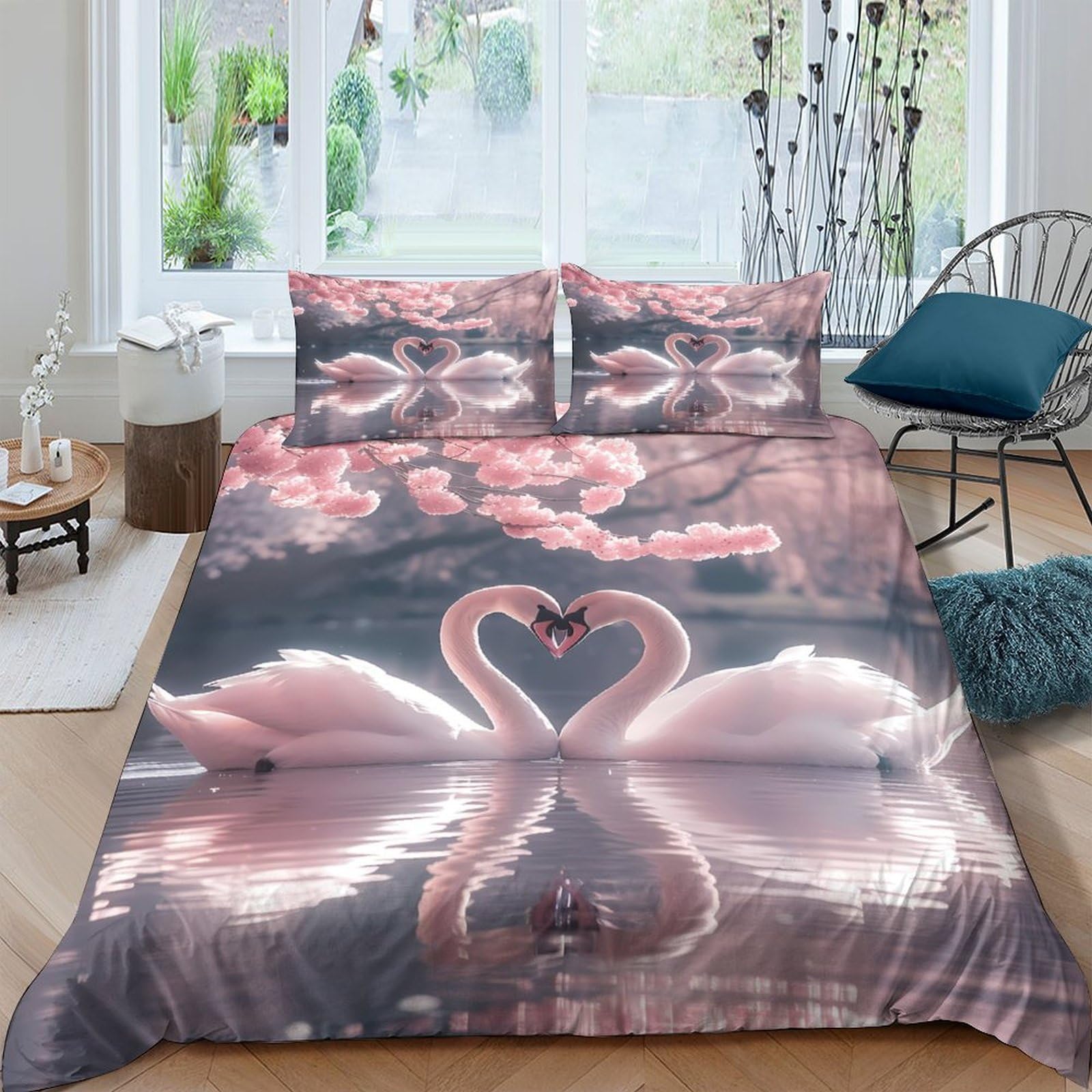 Ctjqhvkz Style-1 3D Printed Romantic Swan Fitted Sheet Microfiber Soft Pink Reflection Mattress Cover For Bedroom Guest Room Decor Single（135X200cm）