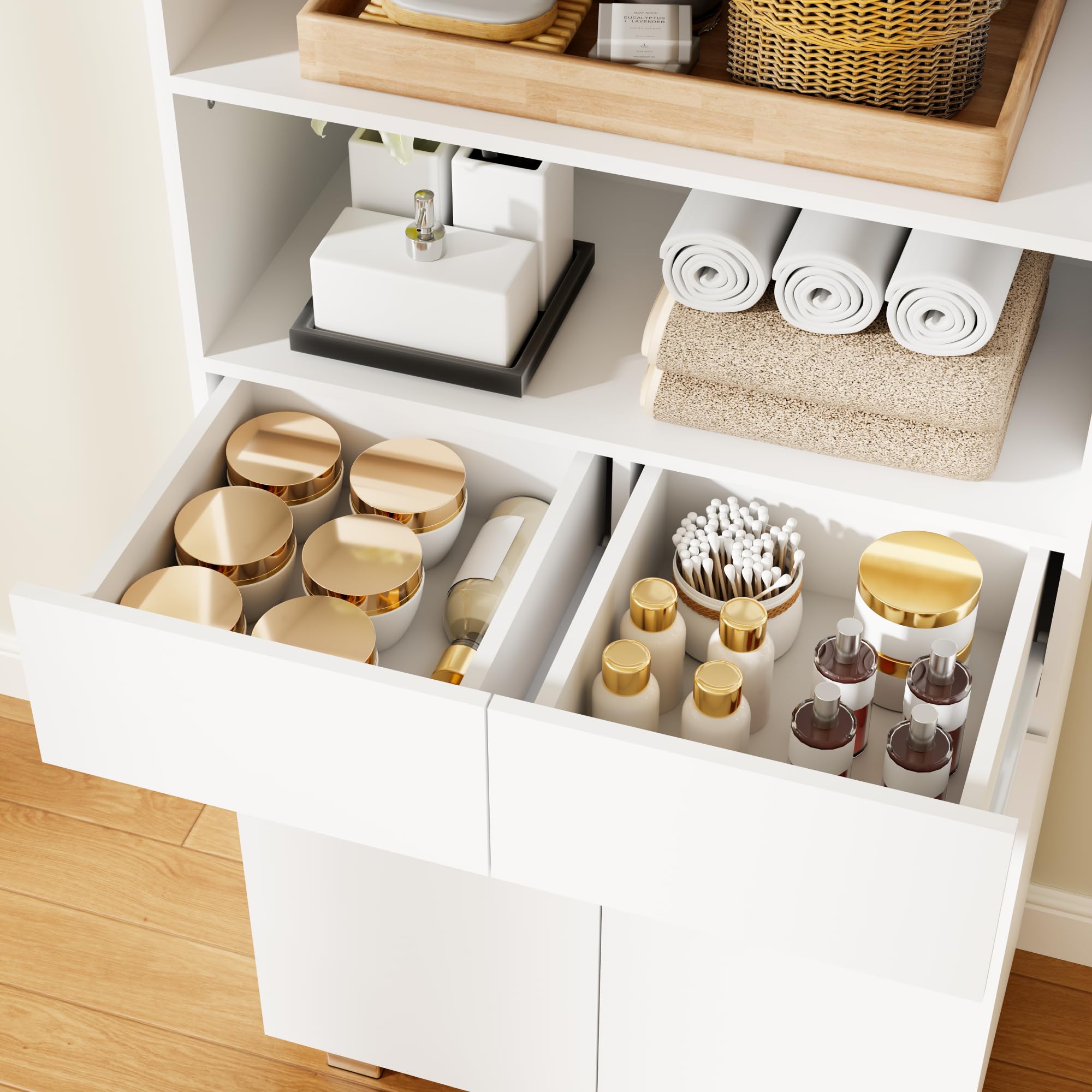 ANWBROAD Armoire de Salle de Bain,Meuble Colonne Salle de Bain,Meuble de Rangement,avec Étagères Réglables,2 Tiroir,Compartiments,pour Salon,Cuisine,30x60x180 cm,Blanc SBC012W