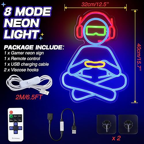 Miniatura 2 de Letrero de neón LED para decoración de pared, 3D regulable para jugadores, luz de neón alimentada por USB con 8 modos de control, letreros de luz