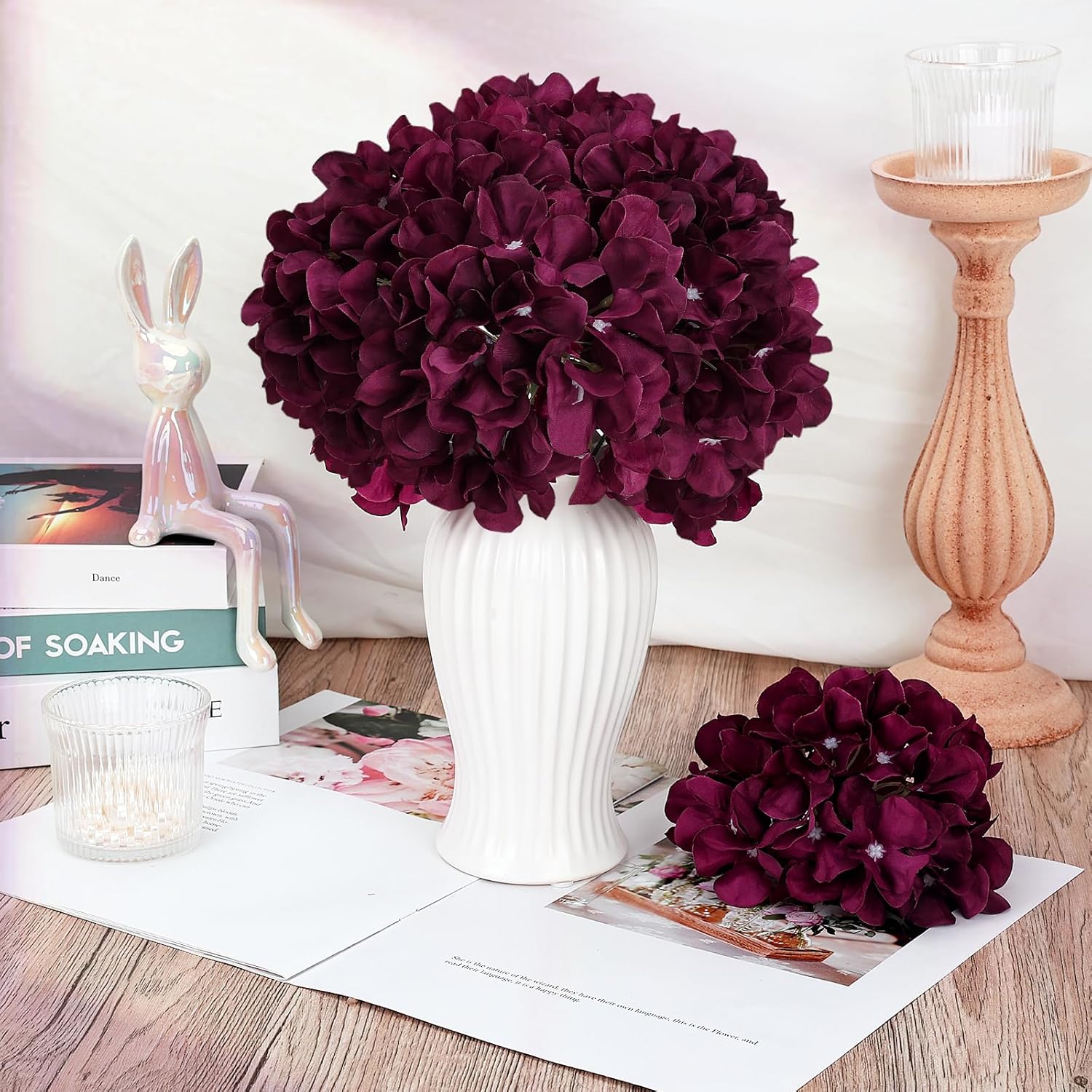 Burgundy Hydrangea Artificial Flowers, 104 PCS Faux Hydrangea Flowers Heads with Stems, Silk Realistic Hydrangea for Wedding Centerpieces Home Garden Baby Shower Party Decoration - Image 4