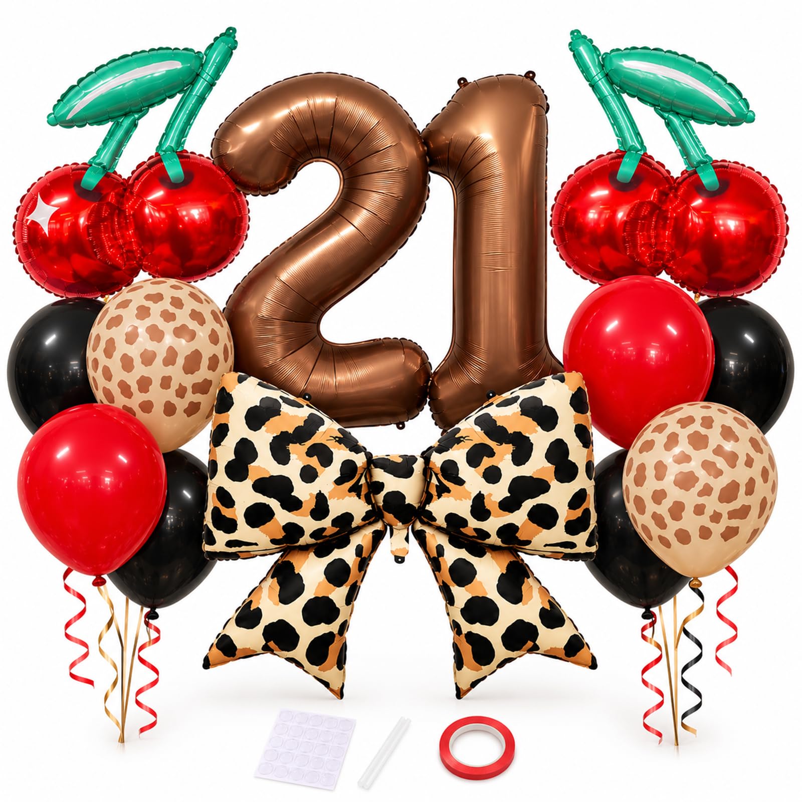 21st Birthday Balloons for Women, 21st Birthday Decorations-Leopard Print Bow & Cherry Foil Balloon Set, Brown Number 21 Balloons for Birthday Party Decorations Supplies
