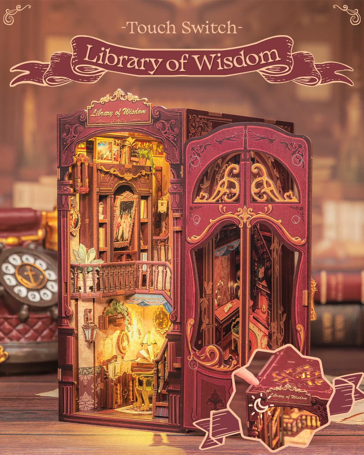 Cutefun DIY Book Nook - Kit per casa delle bambole in miniatura 3D, in legno, per libreria, con inserto per libreria, modello di costruzione, kit regalo creativo con luce (Library of Wisdom)