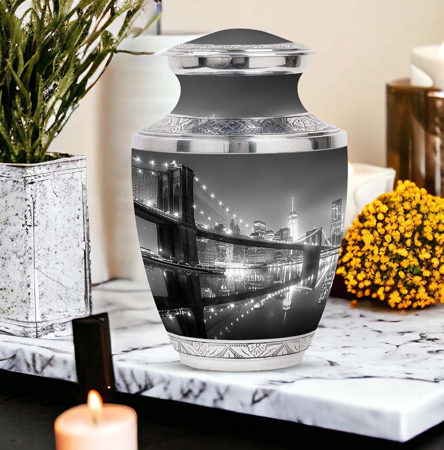 Brooklyn Bridge At Night - Urn For Human Ashes - 10 Inch - Cremation Urns - Large With Velvet Bag - Decorative Urn For Male - Modern Urn For Adults - Funeral Urns - Memorial Urns For Mom And Dad