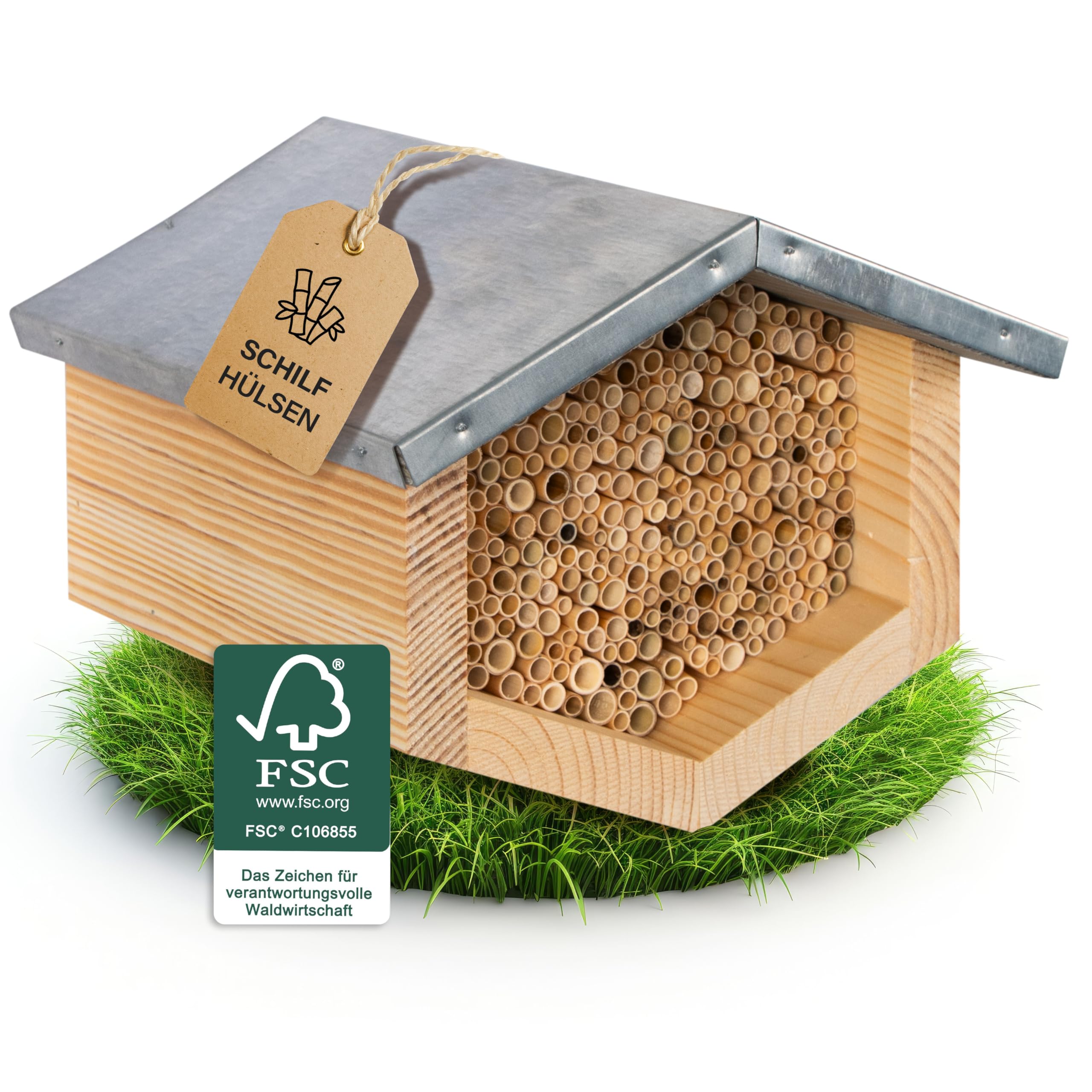 BEESI Premium Bienenhotel mit Metalldach & Schilf-Röhrchen – FSC®-Zertifiziertes Insektenhaus für kleine & mittelgroße Wildbienen – Splitterfreie Nisthilfe zum Aufhängen