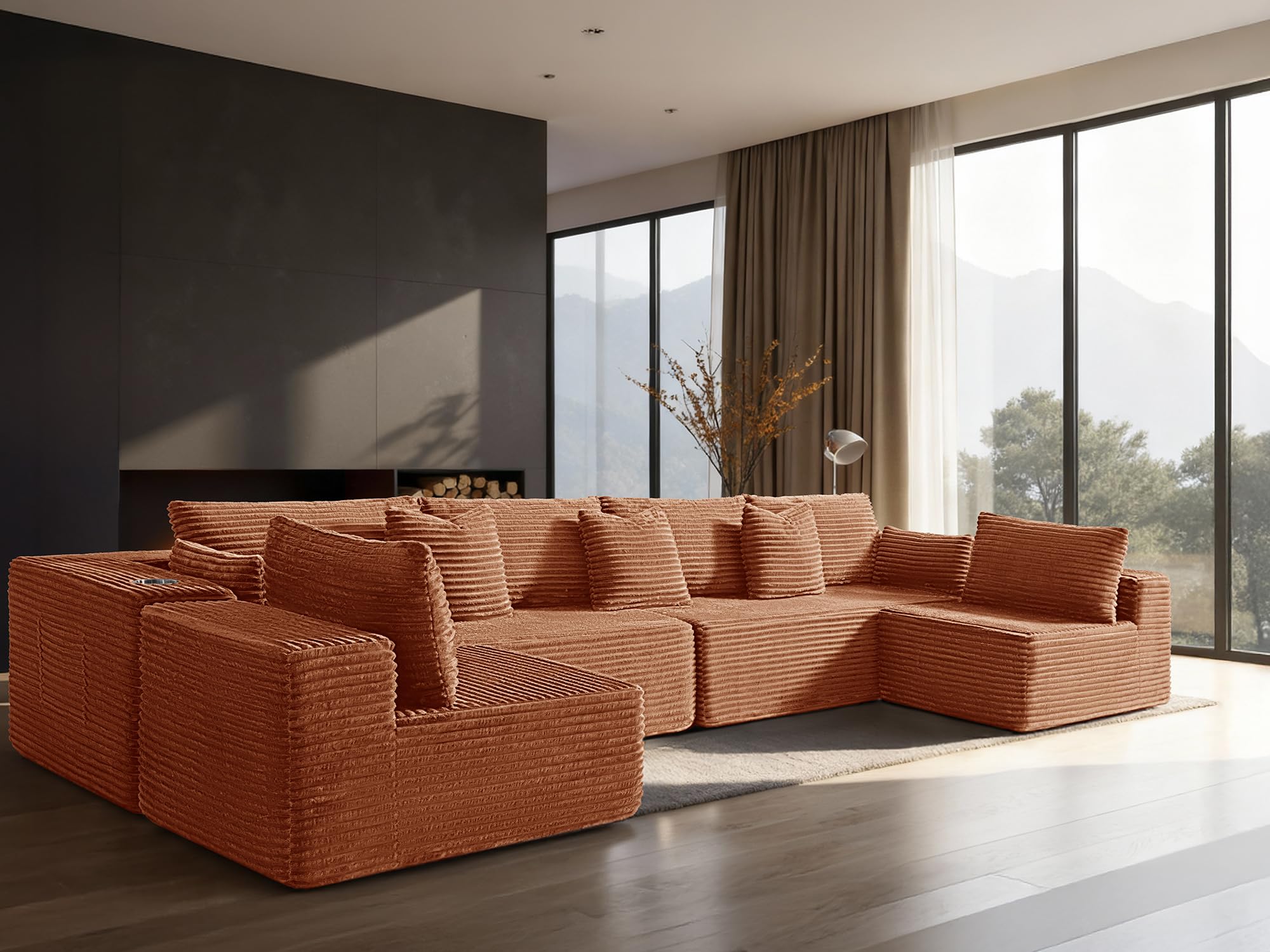 138" Cloud Sectional Couch, Comfort U Shaped Sofa for Living Room, Extra Deep Seats No Assembly, Minimalist Modular Couch, Corduroy (Deep Orange, 6 Seats,U-Shape B)