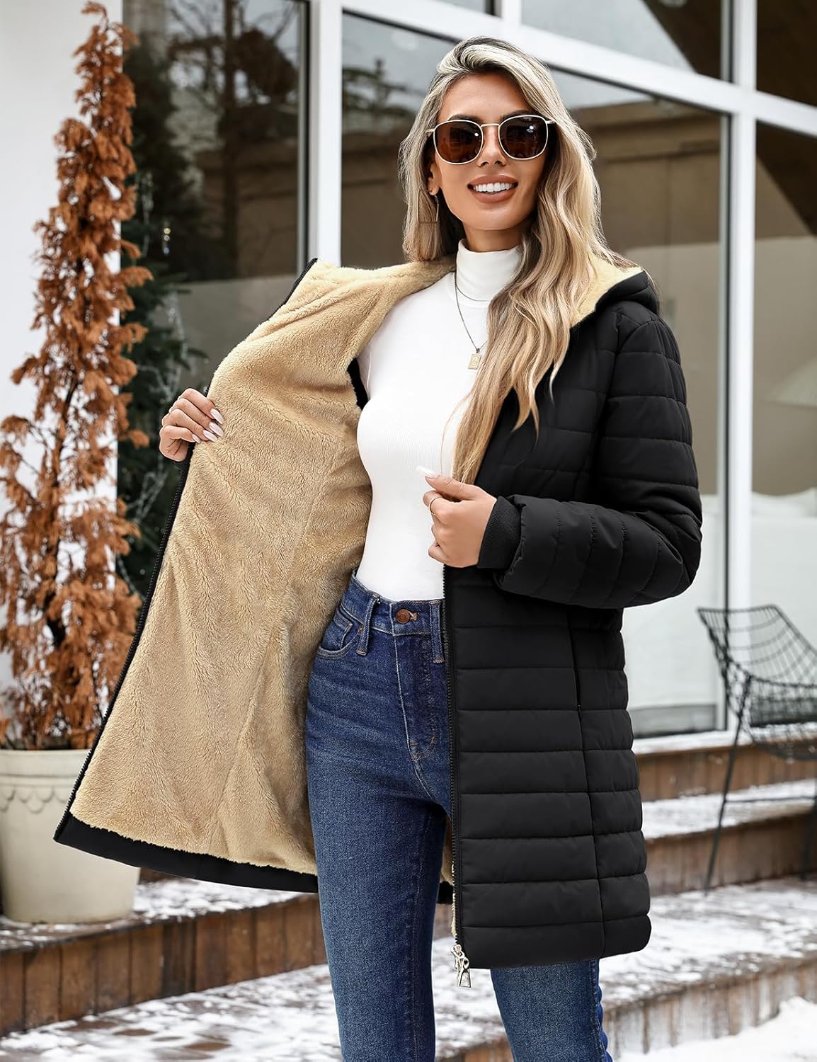 Women's Puffer Jacket with Hood, Lightweight Winter Quilted Jacket Outwear Down Coat Long Sleeve with Fleece Lining - Image 3