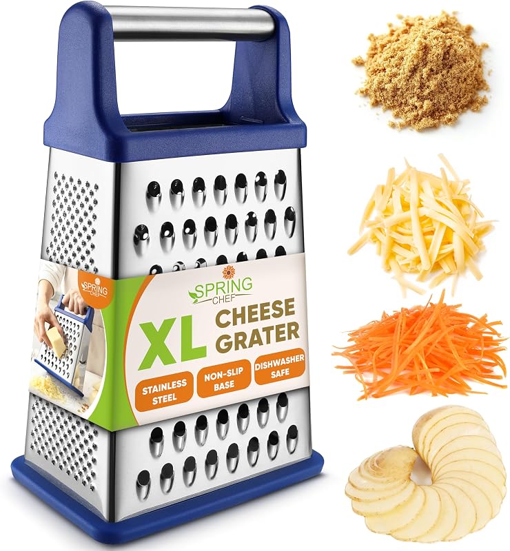 Rallador de queso XL de acero inoxidable Spring Chef para cocina, zafiro | Rallador Manual de caja de Metal de 4 lados para zanahoria, patata, parmesano, triturador de queso, rallador de verduras profesional, apto para lavavajillas