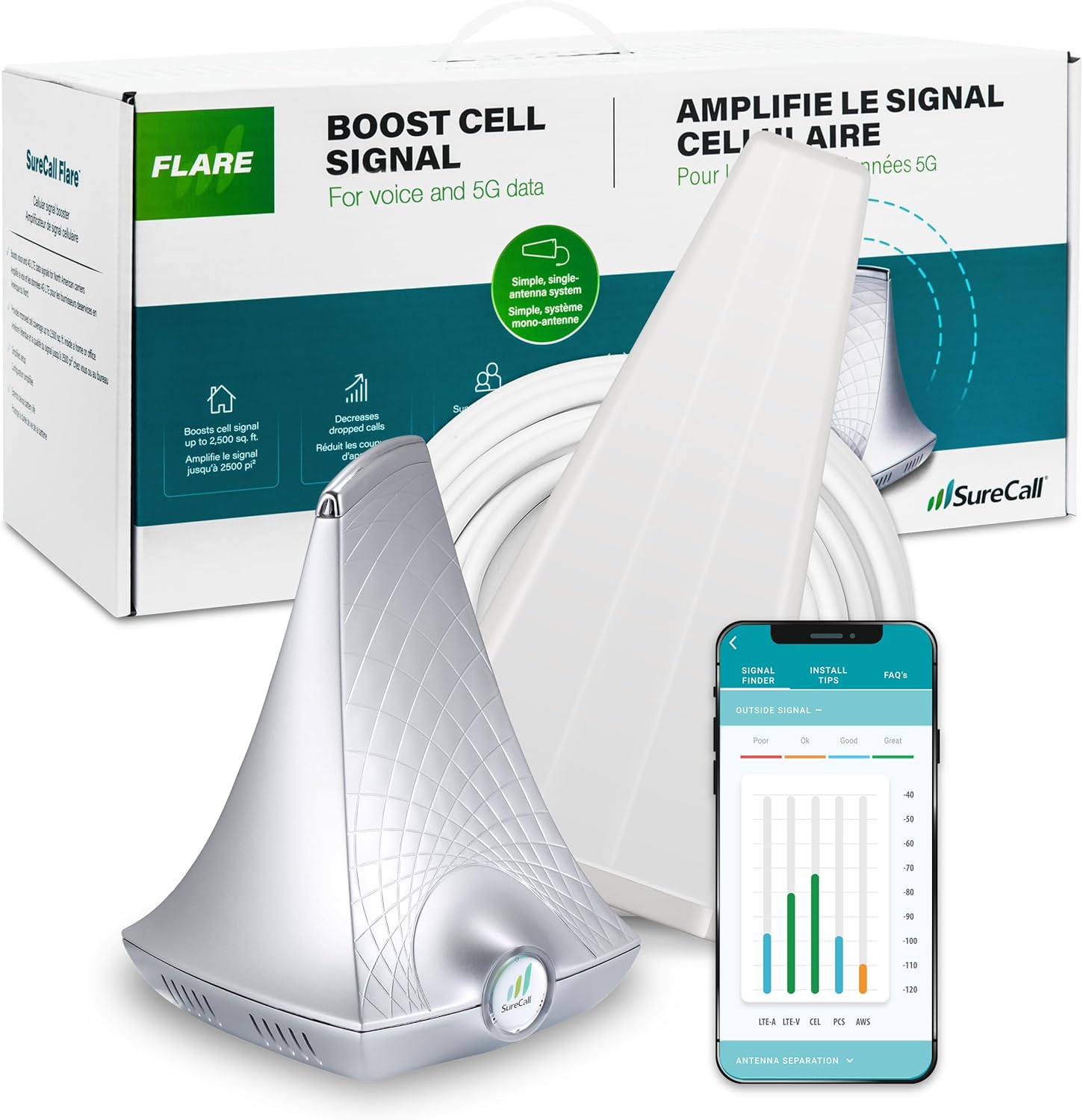 SureCall Flare 3.0 Cell Phone Signal Booster for Home & Office up to 3500 sq ft, Boosts 5G/4G LTE, Yagi Outdoor Antenna, Multi-User, Verizon AT&T Sprint T-Mobile, FCC Approved, USA Company SureCall Flare 3.0 Cell Phone Signal Booster for Home & Office up to 3500 sq ft, Boosts 5G/4G LTE, Yagi Outdoor Antenna, Multi-User, Verizon AT&T Sprint T-Mobile, FCC Approved, USA Company