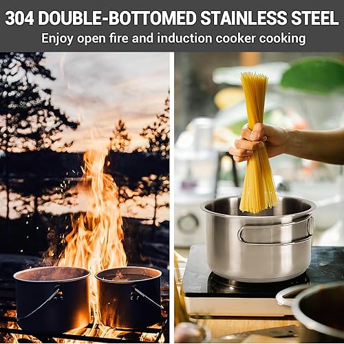 Miniatura 7 de KingCamp Juego de utensilios de cocina de acero inoxidable 304 ollas de cocina para fogata y hervidor de agua con bolsa de viaje para acampar al