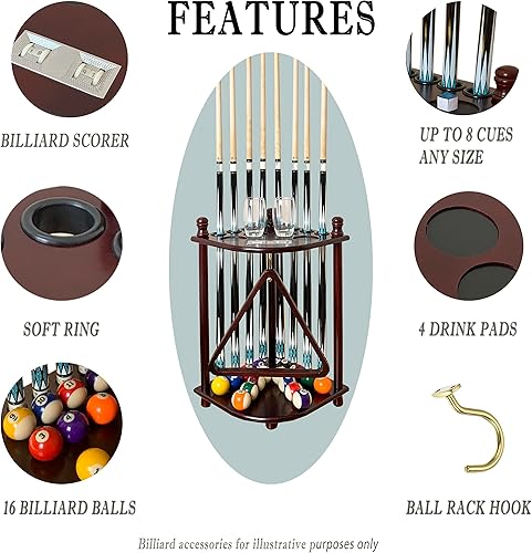 Miniatura 2 de Soporte para tacos de piscina de pie para 8 palos de taco y accesorios de mesa de billar, soporte de palo de piscina de madera, soporte para tacos