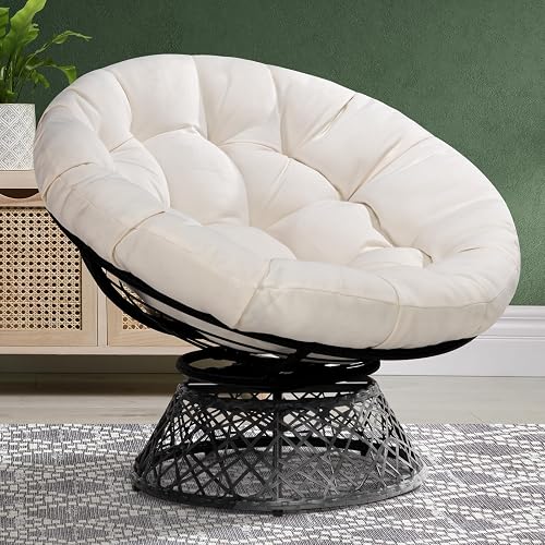 Bme 40" Ergonomic Wicker Papasan Chair with Soft Thick Density Fabric Cushion, High Capacity Steel Frame, 360 Degree Swivel for Living, Bedroom, Reading Room, Lounge