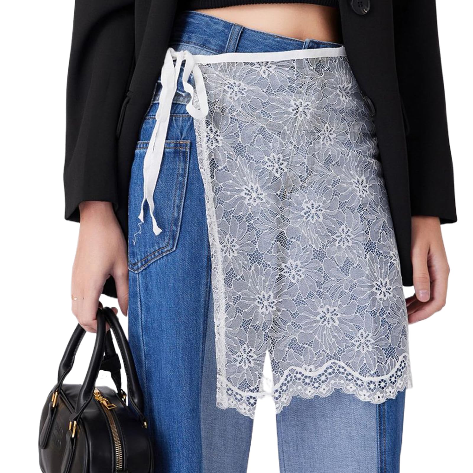 carotoe Women Korean Tie Up See Through Lace Layering Apron Skirt Vintage Flower Sheer Covering Short Overskirt Hip Scarf Layered Half Skirt