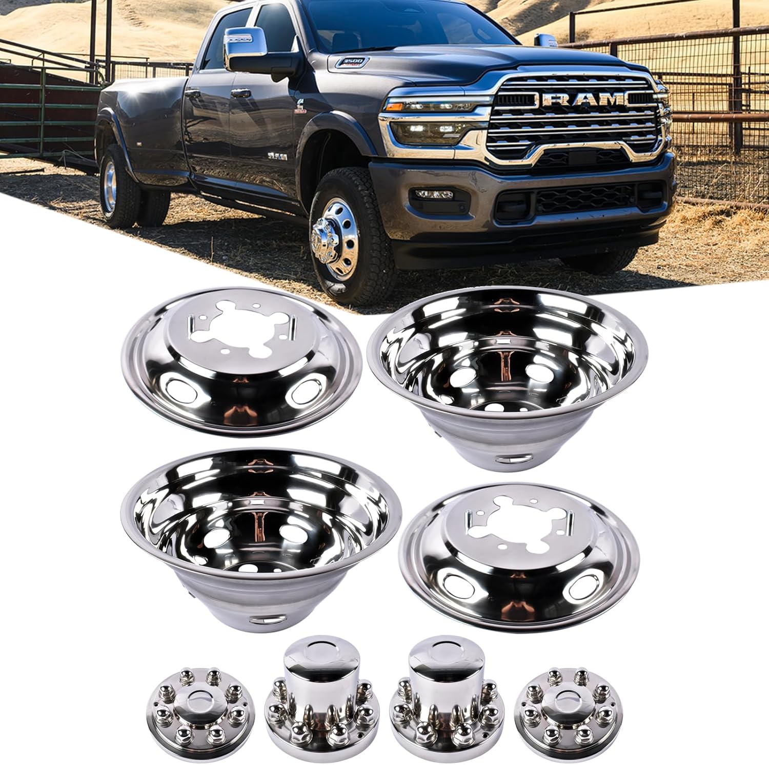 17" Dually Wheel Simulators Replacement for 2003-2018 Dodge Ram 3500 Wheel Covers Center Caps, 8 Lug with 5 Hand Holes, Chrome Polished Stainless Steel