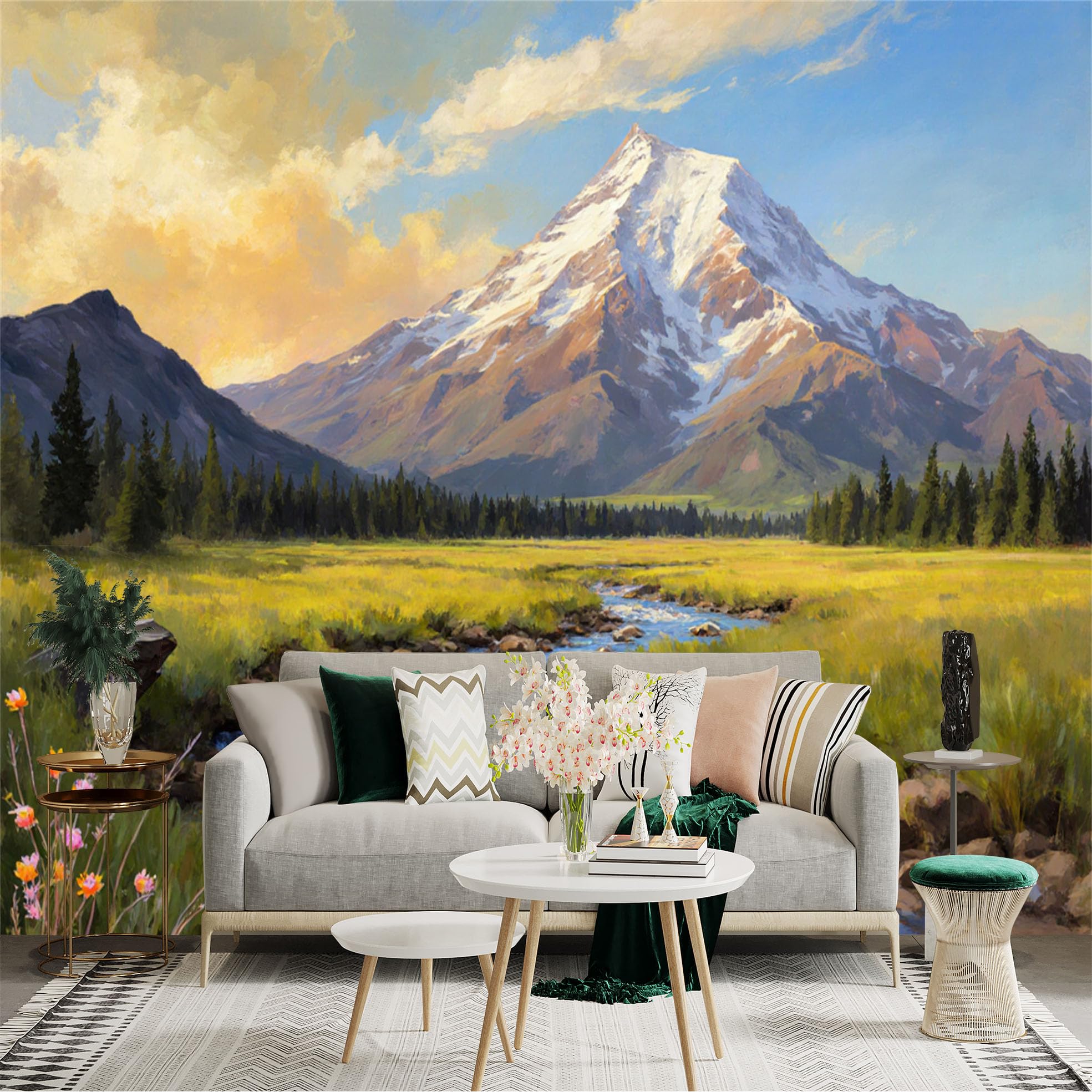Lnzczhyre Xc260505092 Custom Size Wall Sticker Mural， Majestic Snow Mountain， Flowing Creek In Meadow， Oil Painting Style Landscape， For Wall Decoration， Peelandstick Wall Decals.