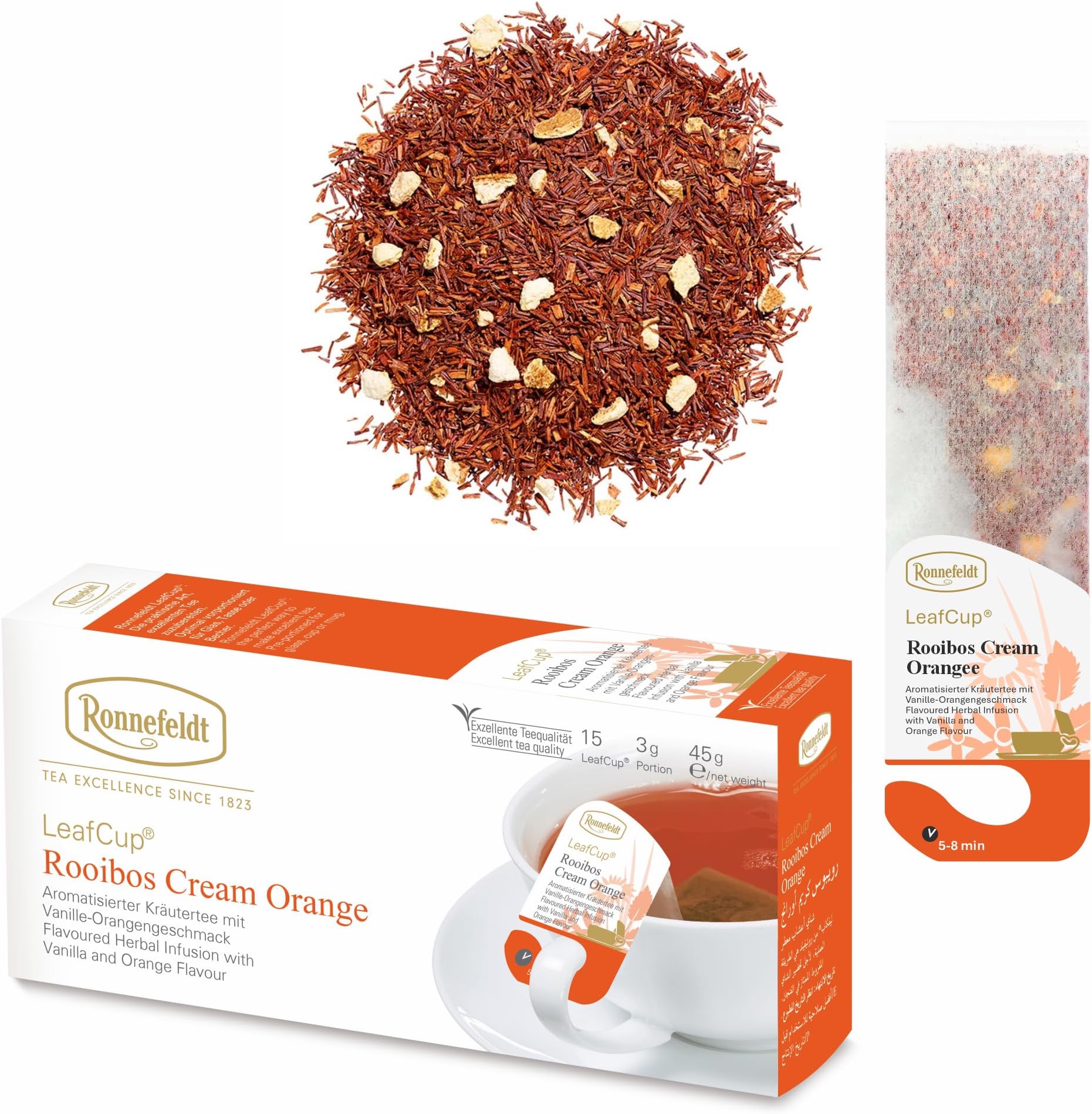 Ronnefeldt LeafCup Rooibos Cream Orange Chai โ Naturally Caffeine-Free Red Herbal Tea with Sweet Orange Peel & Vanilla โ 15 Individually Wrapped Loose Leaf Tea Bags โ Packed in Germany