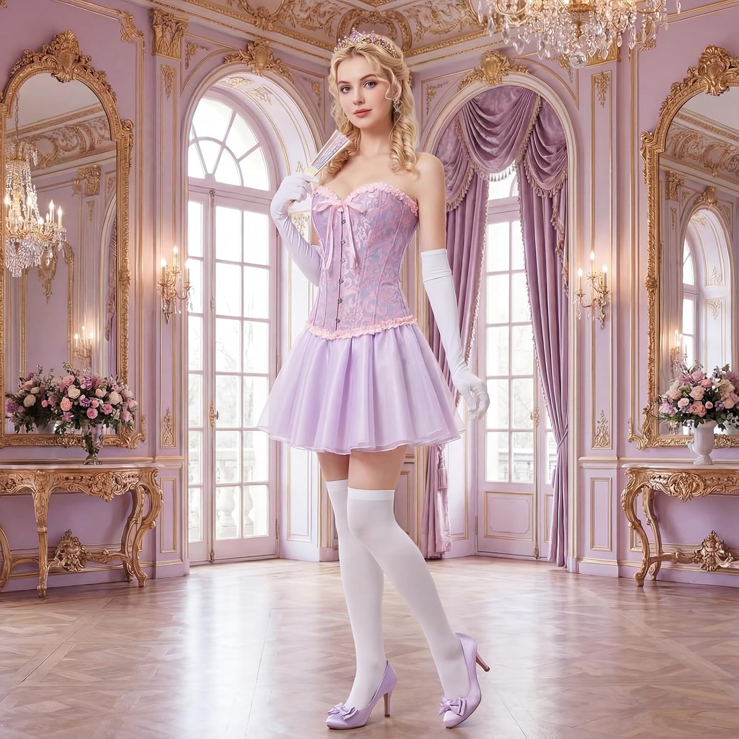 Halloween Adult Princess Costume Set Include Corset Tiara Puffy Mini Skirt Long Satin Gloves Knee High Socks - Image 8