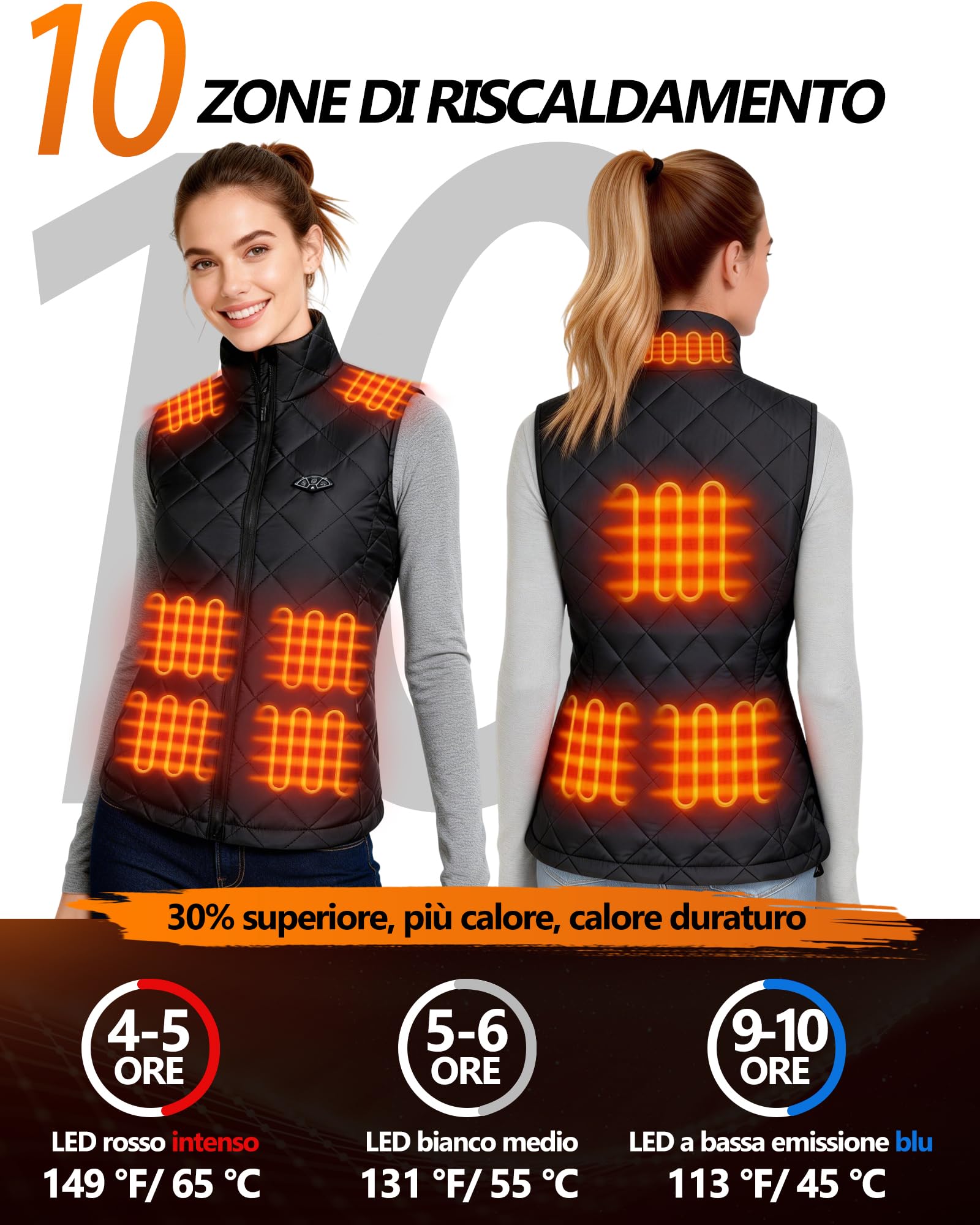 Topdot Gilet Riscaldato Donna con Batteria 7.4V 16000mAh, 10 Zone di Riscaldamento, Elettrico Gilet Termico Leggero con 3 Temperature per Ciclismo, Lavori All'aperto
