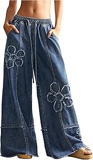 Women's Y2K Floral Baggy Jeans Boho Wide Leg Jeans Low Rise Denim Pants ...