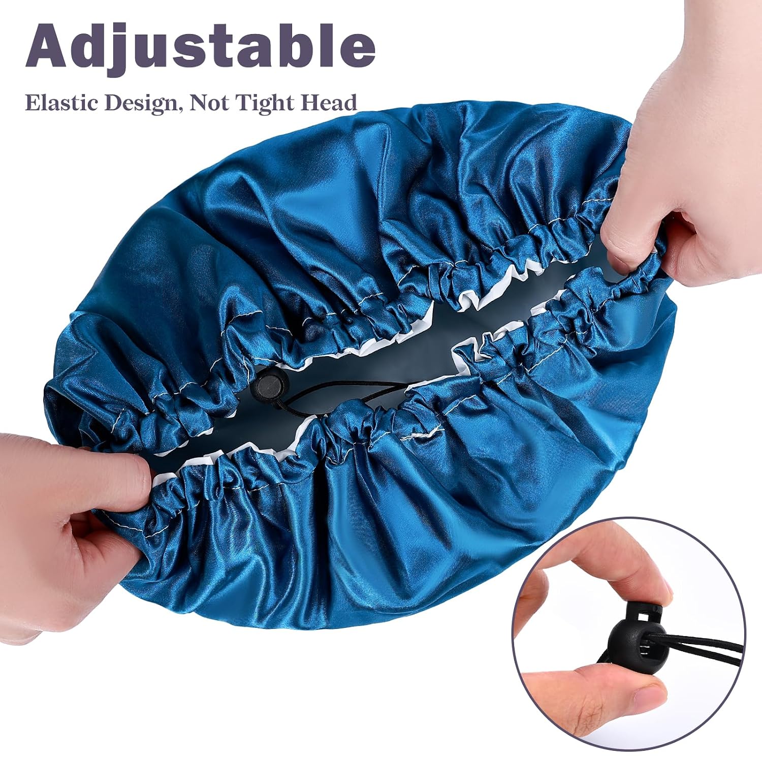 Shower Cap for Men, with Adjustable Ties, Satin PEVA Double Layer Waterproof Bath Caps, Reusable Large Size Hair Cap with Elastic Band for All Hair Lengths (Blue)