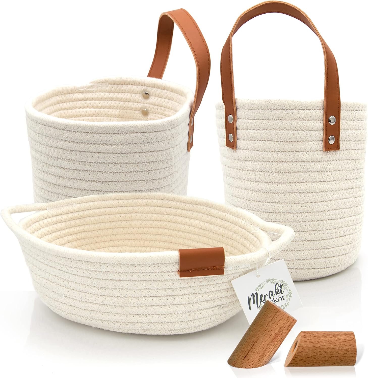 hanging baskets with leather handle 1 small flat basket