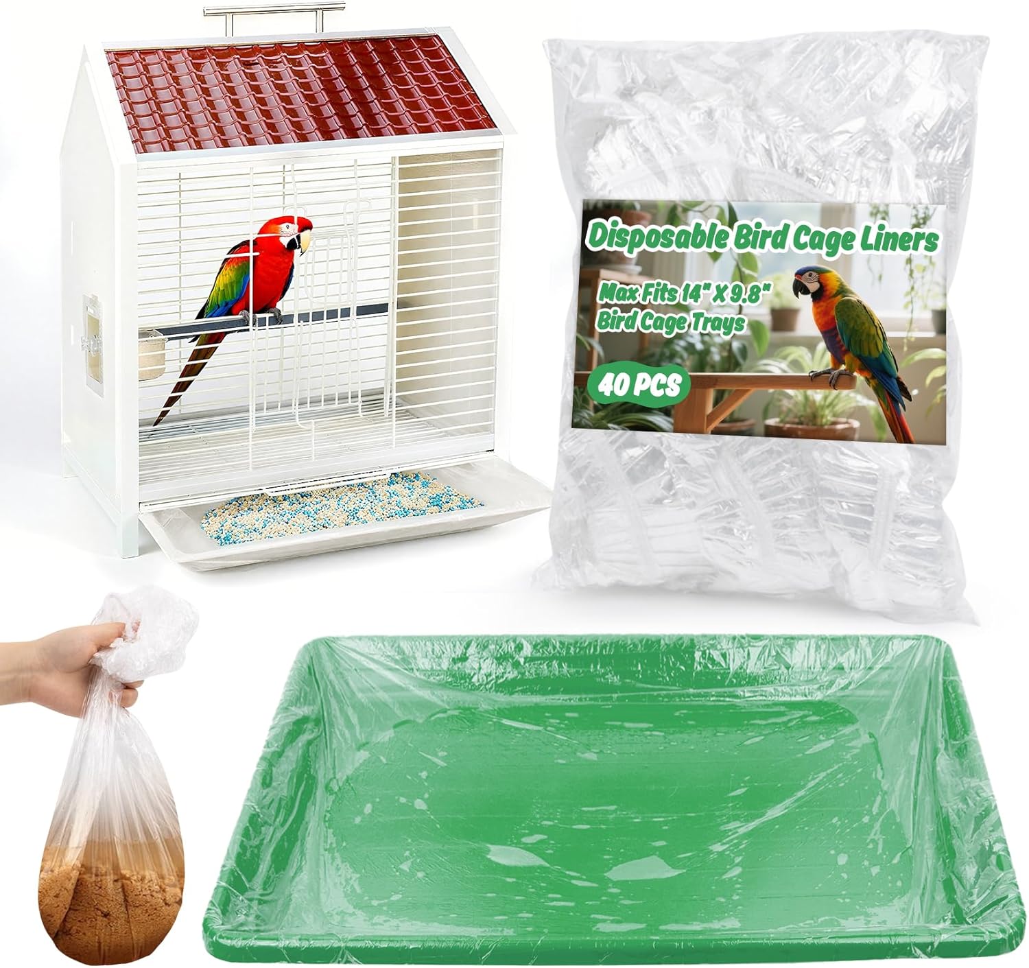 Disposable Bird Cage Liner – 40PCS Elastic Plastic Small Animal Cage Liners Waterproof Easy to Clean Leakproof for Portable Birdcage Litter Box Liners for Parakeet Hedgehog Hamster (14×9.8in)