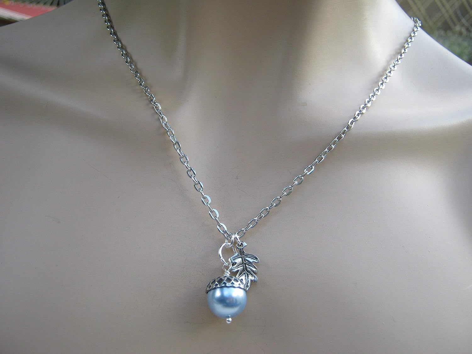 Personalized Acorn Necklace With SMALL Oak Leaf, Designer Faux Pearl Necklace, Antiqued Silver Jewelry, Autumn Nature, CHOOSE Color - Image 9