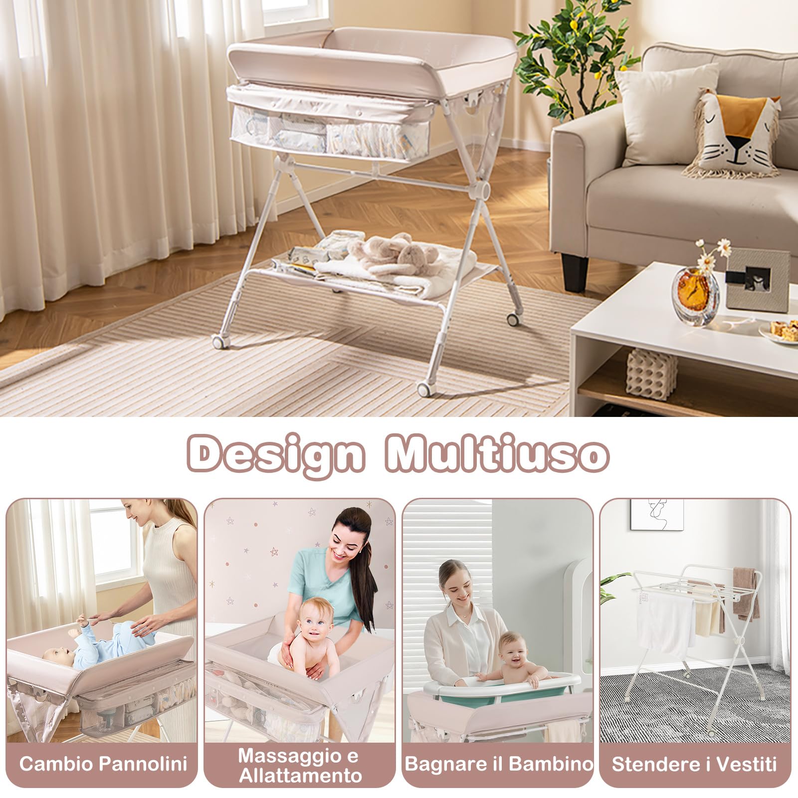 COSTWAY Fasciatoio Pieghevole per Bambini, Altezza Regolabile 3 Livelli, Ruote Bloccabili, Beige