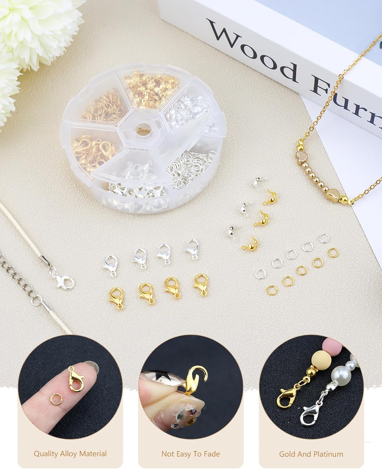 460 Pcs Jewelry Making Accessories Set Includes 200 Pcs Open Jump Ring Connectors 200 Pcs Bead Tips Knot Covers and 60 Pieces Lobster Claw Clasps for DIY Jewelry Making (Gold, Platinum)