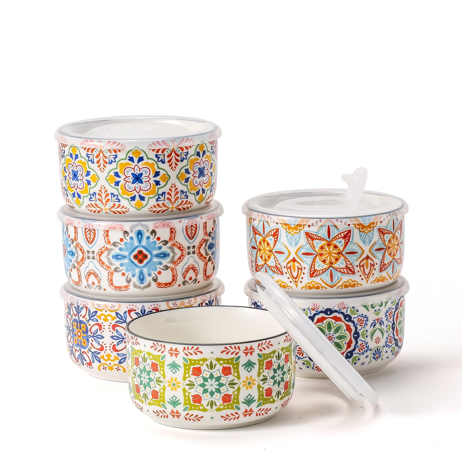 ChubacooCeramic Bowl with Lid: Microwave Safe Soup Bowls Set of 6 - Food Storage Containers with Lids for Picnic, Camping, Kitchen - Lunch Boxes, Food Prep Bowls with Lids - 5 in, 20 oz (Floral)