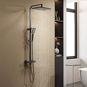 Colonna Doccia Nera Con Miscelatore Termostatico - Set Soffione Quadrato E Doccetta A Mano, Asta Regolabile - Foto 13